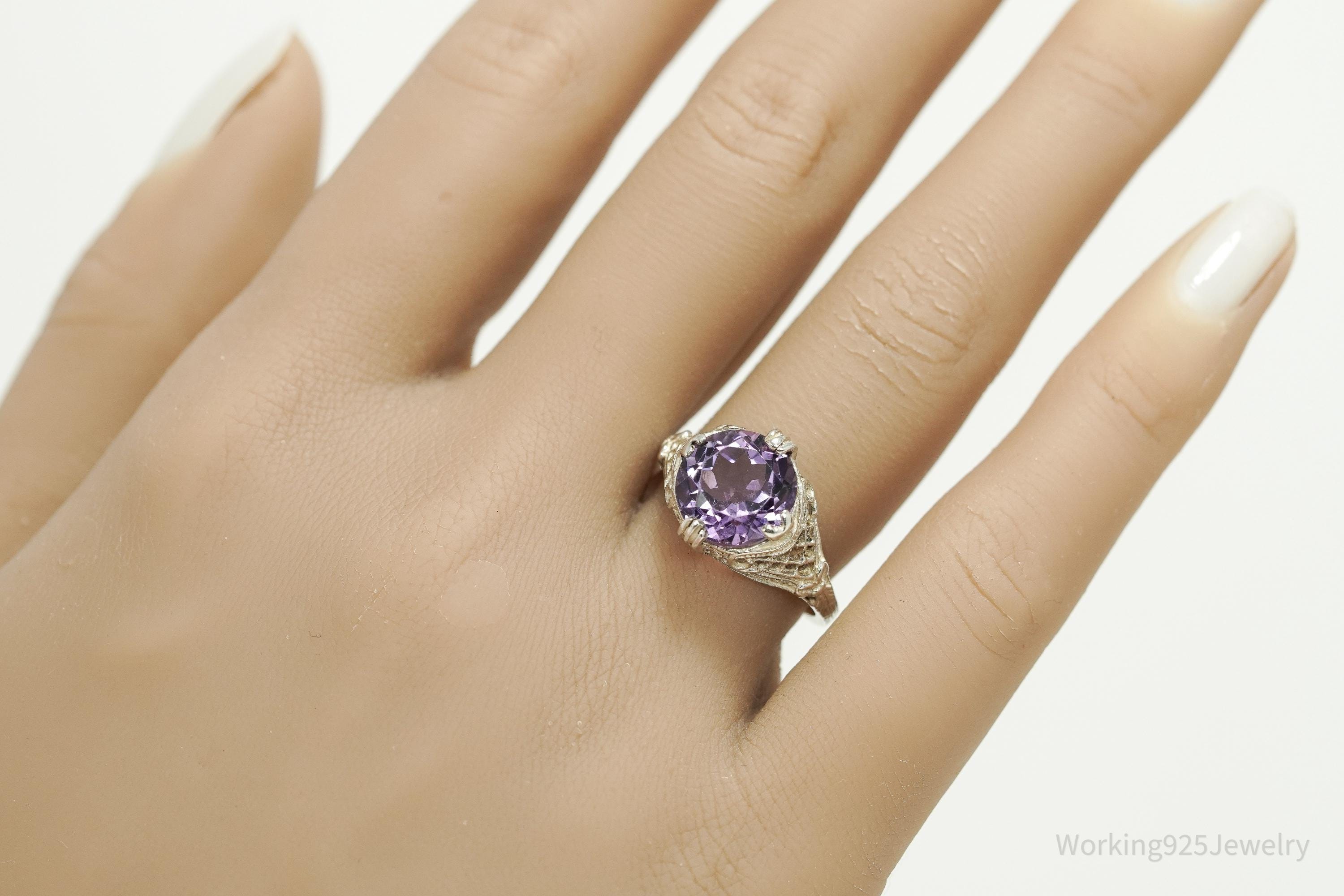 Vintage Amethyst Sterling Silver Ring - Size 7.75