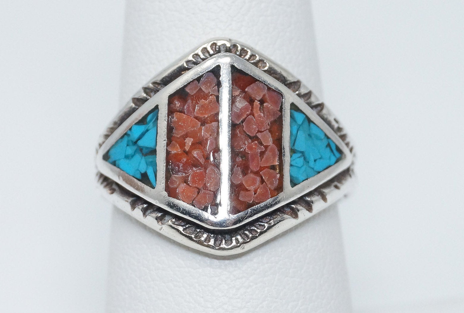 Vintage Native American Turquoise Coral Sterling Silver Ring - Size 7.5