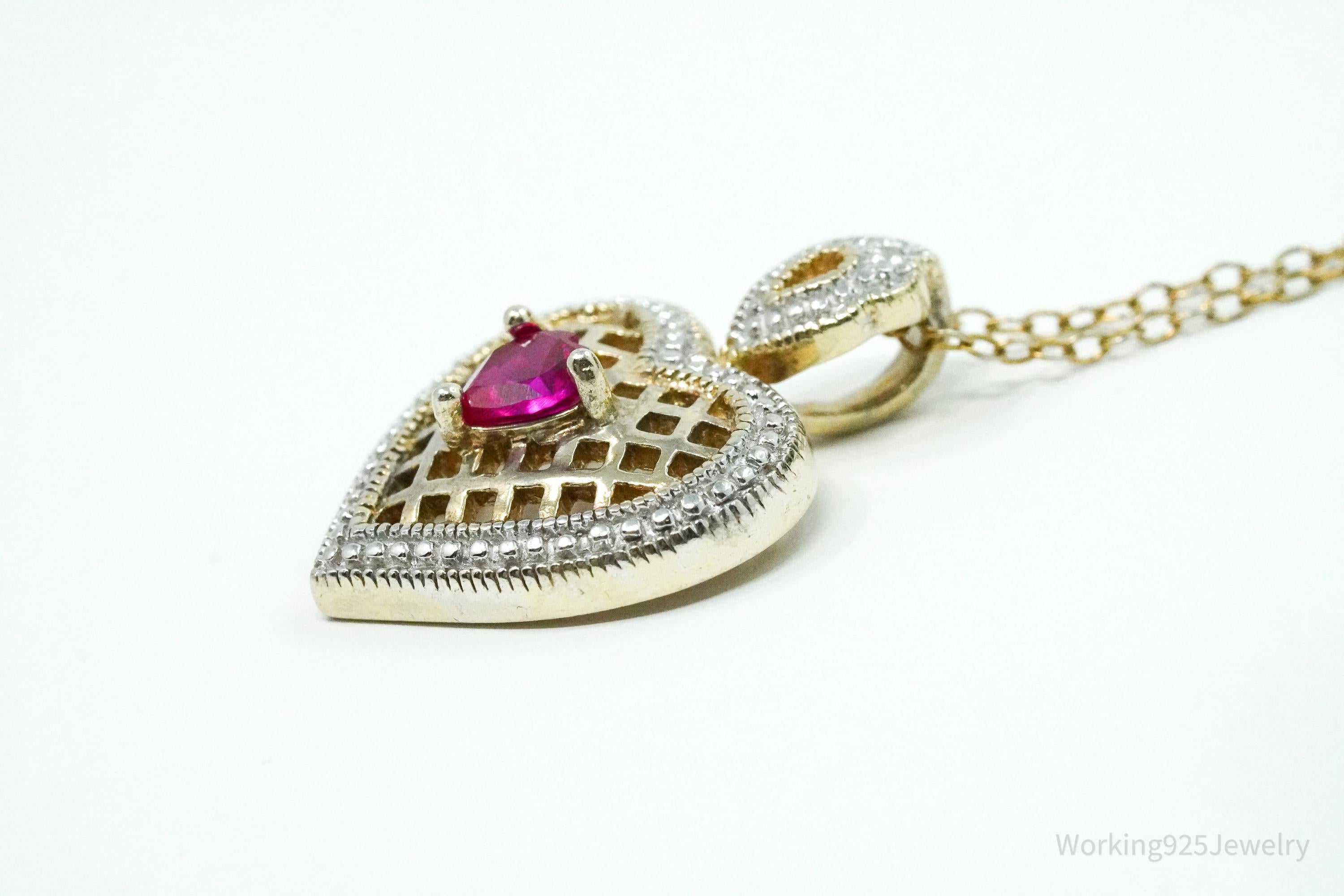 Vintage Ruby & Diamond Gold Over Sterling Silver Heart Necklace 18"