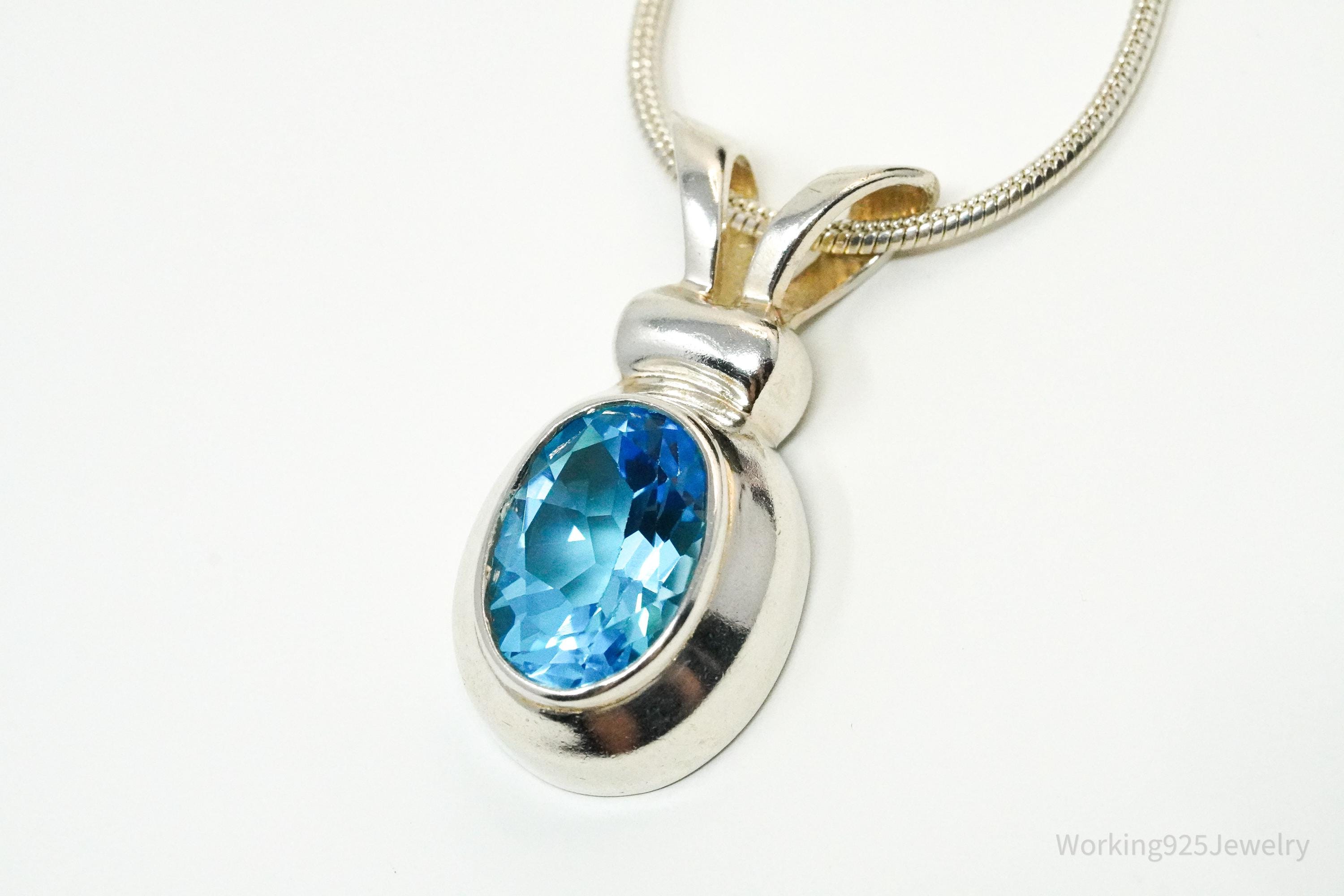 Vintage Large Blue Topaz Sterling Silver Necklace 18"