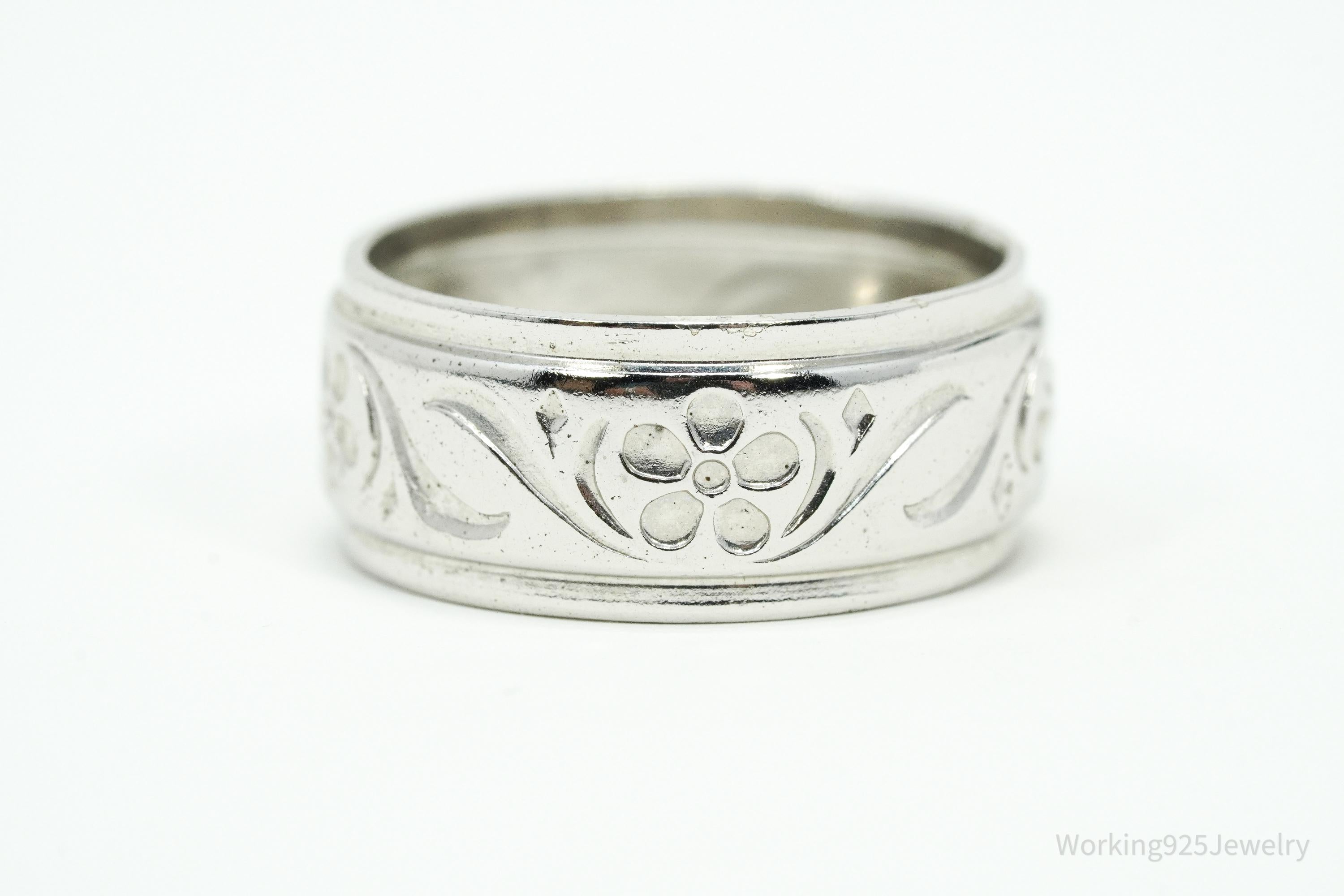 Antique Uncas Mfg. Co. Flowers Sterling Silver Band Ring - Size 5