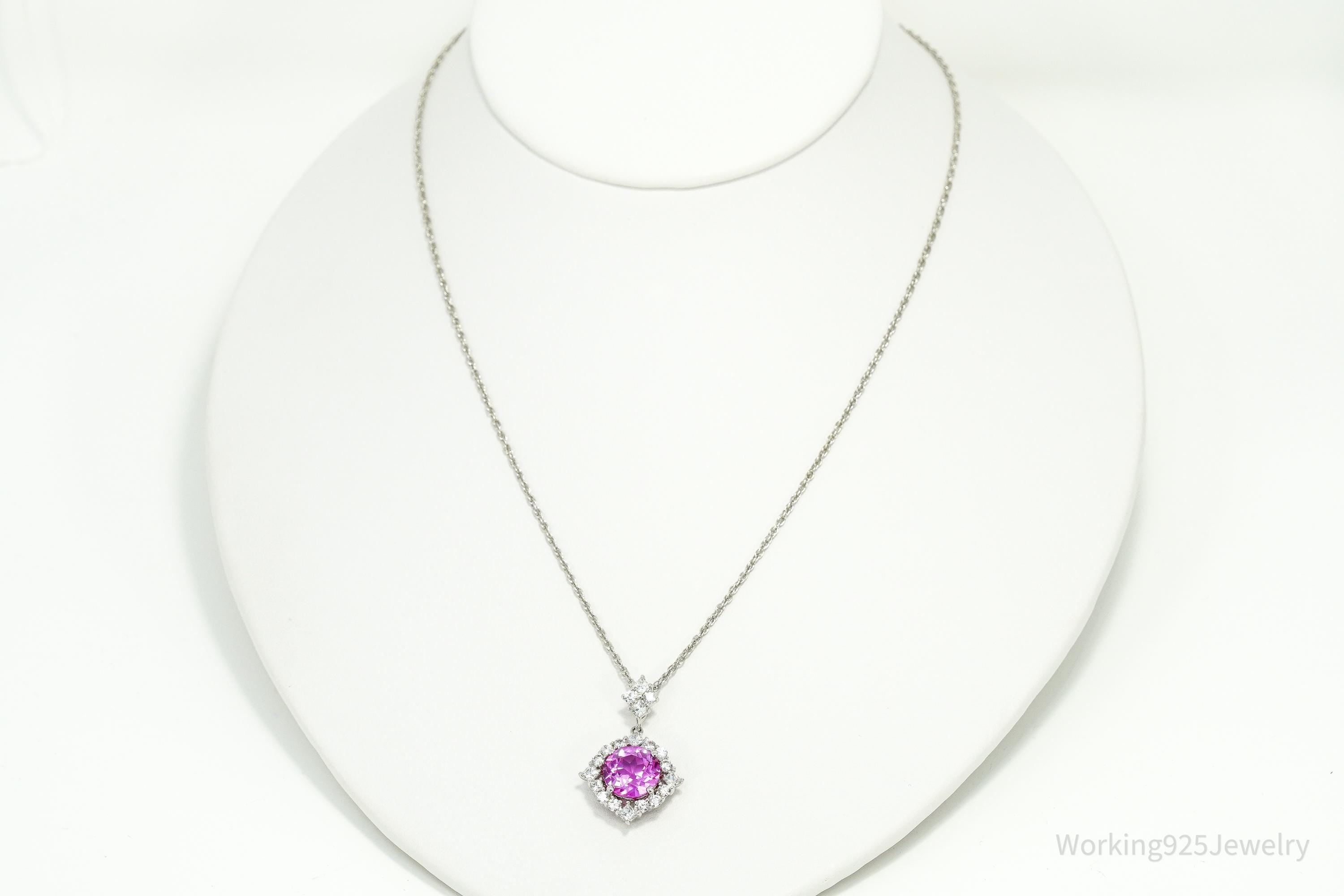 Vintage Synthetic Pink Sapphire & Cubic Zirconia Sterling Silver Necklace 18"