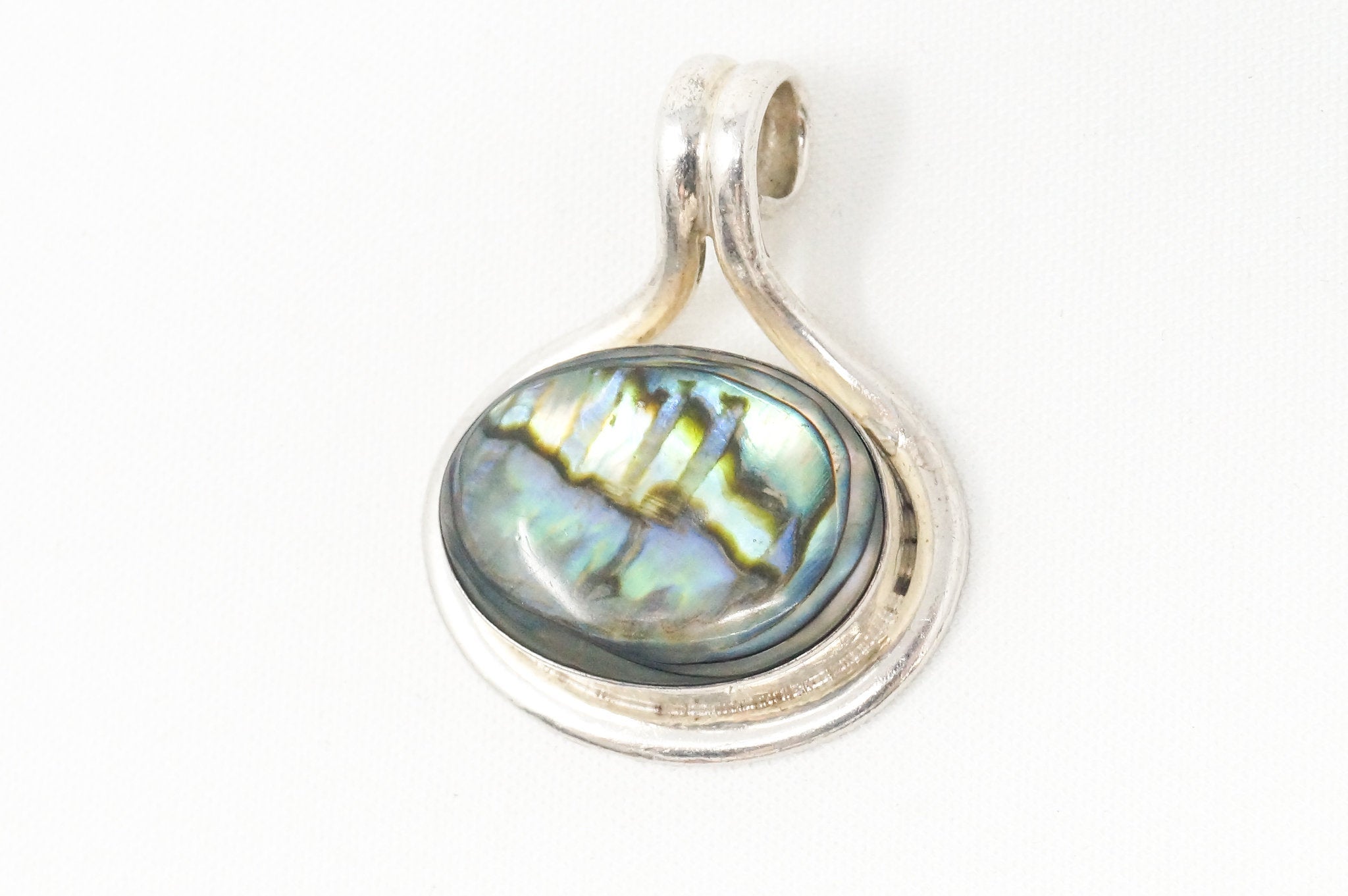 Vintage Mexico Designer Paua Abalone Shell Southwestern Sterling Silver Pendant