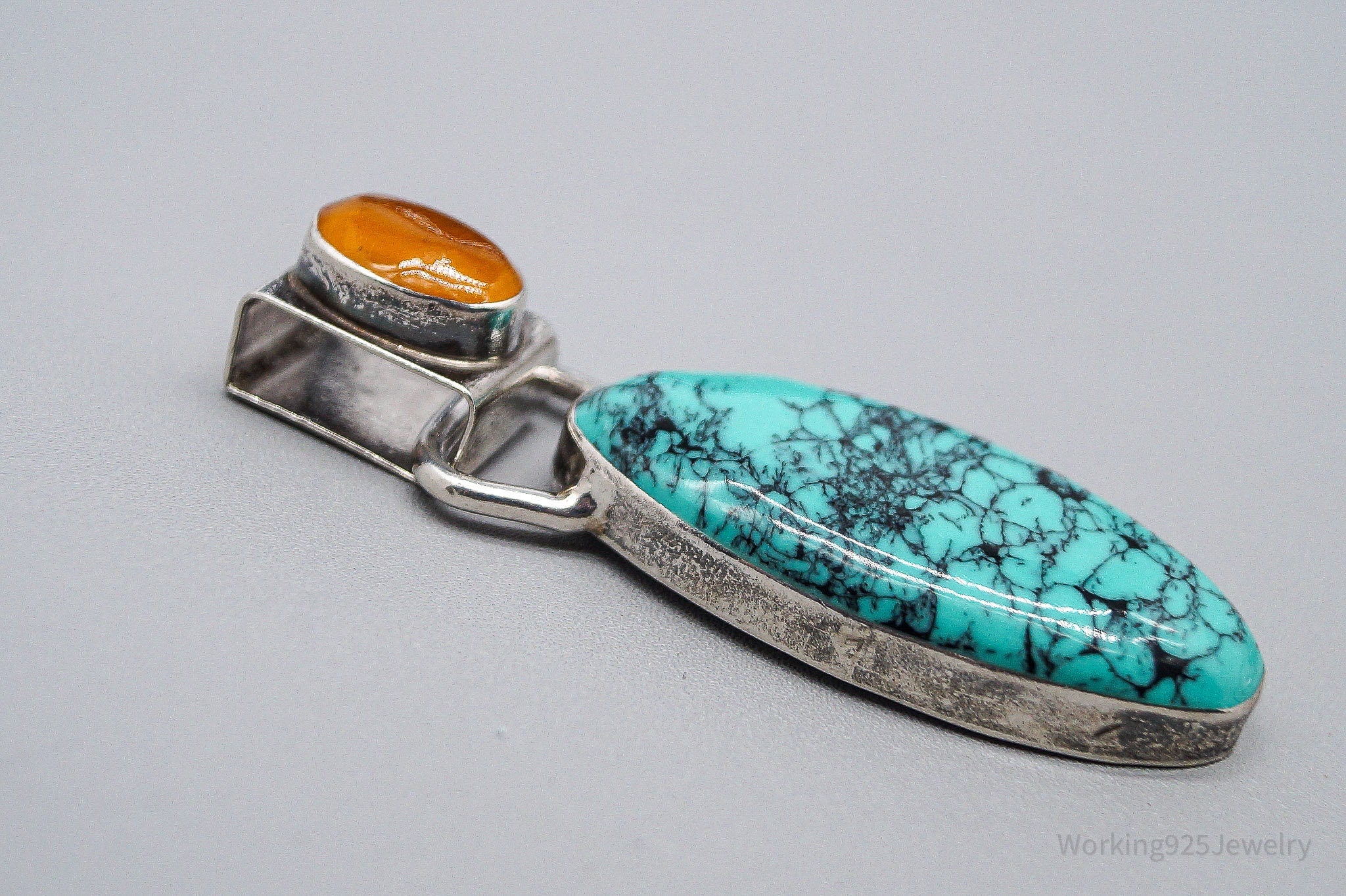 Large Vintage Mexico Modernist HOB Turquoise Carnelian Sterling Silver Pendant