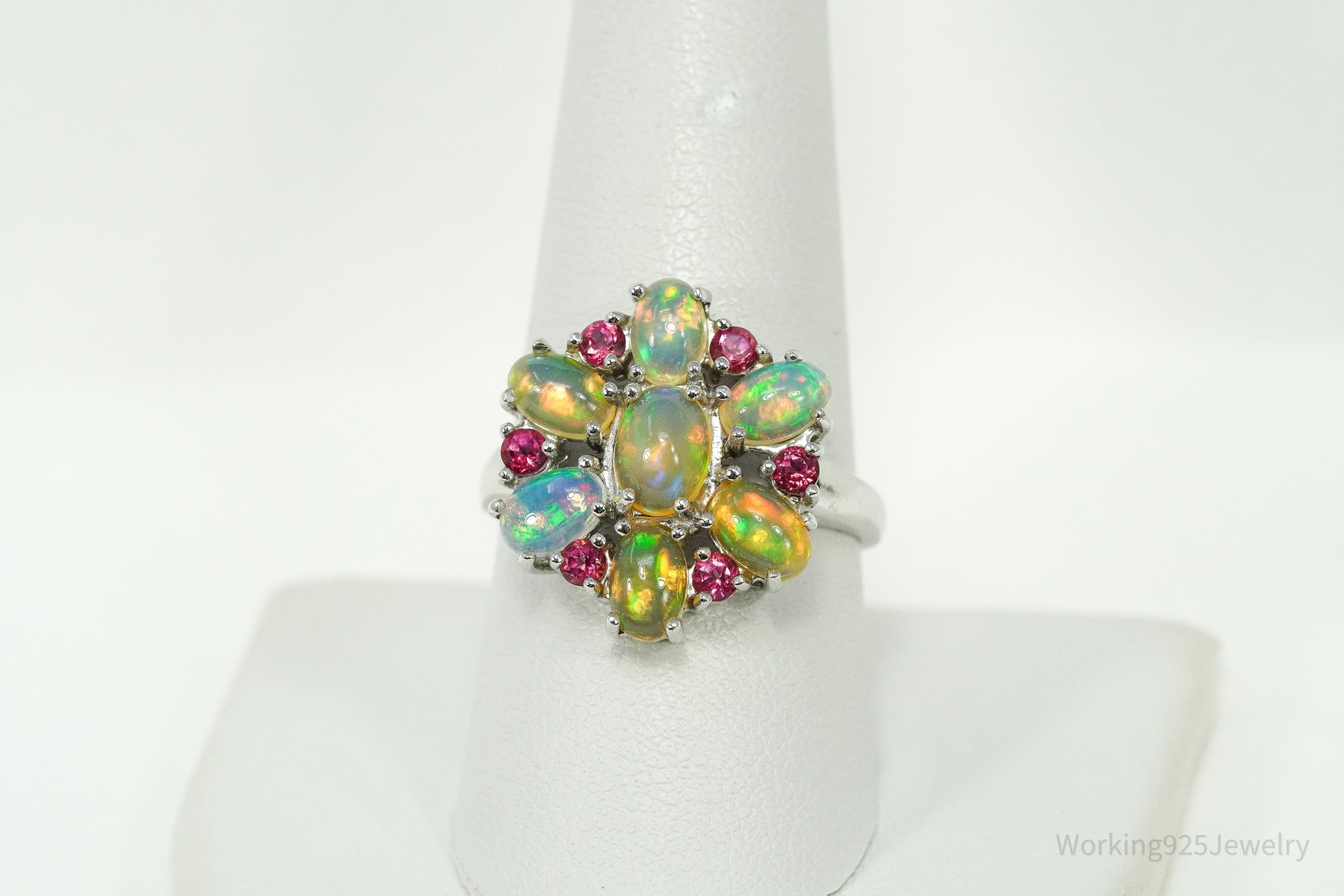 Vintage Opal & Pink Topaz Sterling Silver Ring - Size 9
