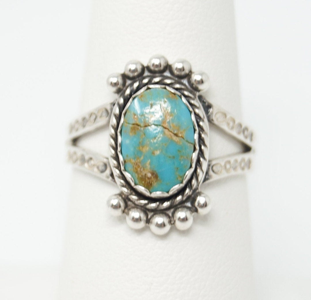 Vintage Southwestern Style Turquoise Sterling Silver Ring - Sz 6.75