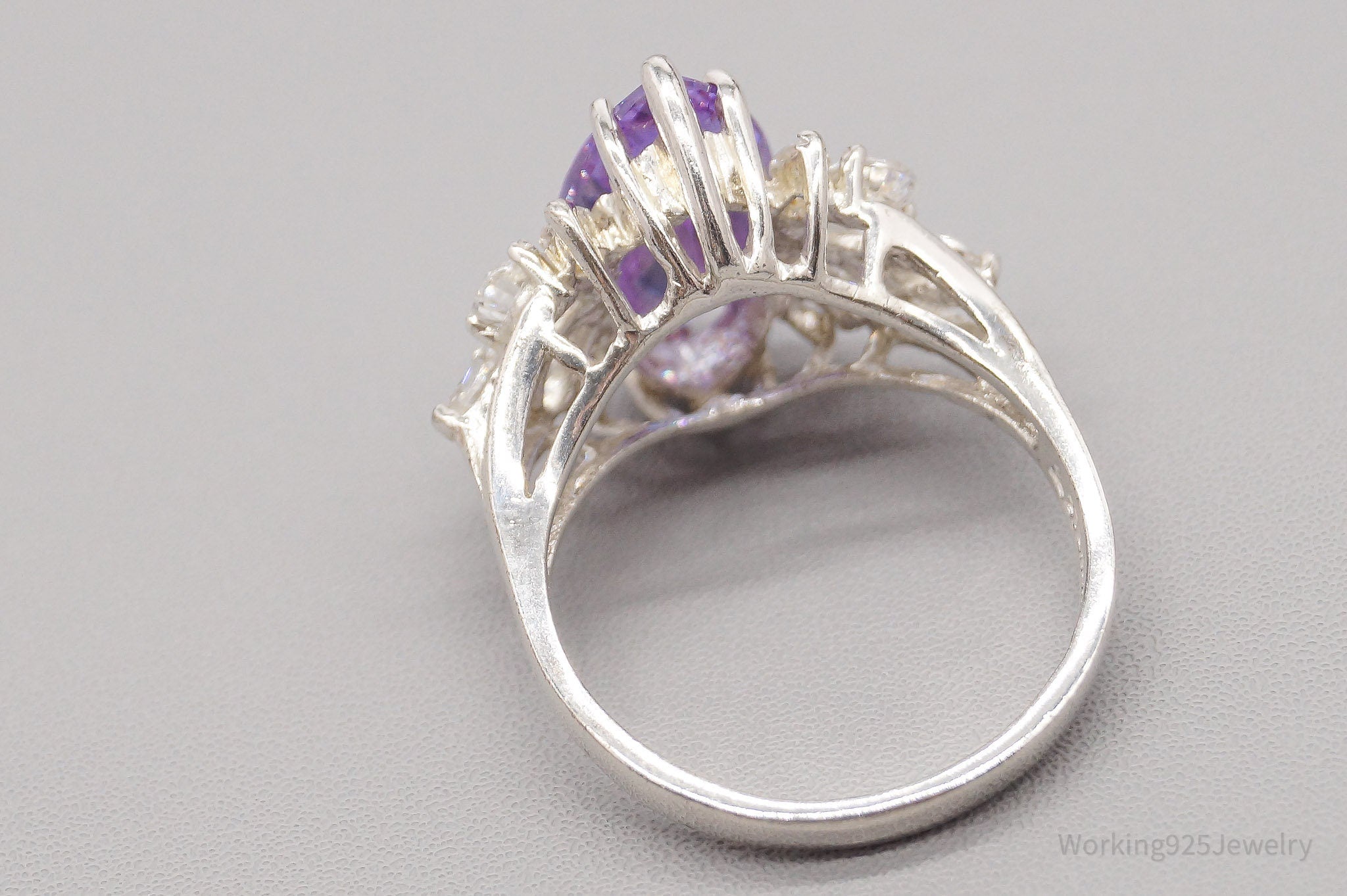 Vintage Purple & White Cubic Zirconia Sterling Silver Statement Ring - Size 7.75