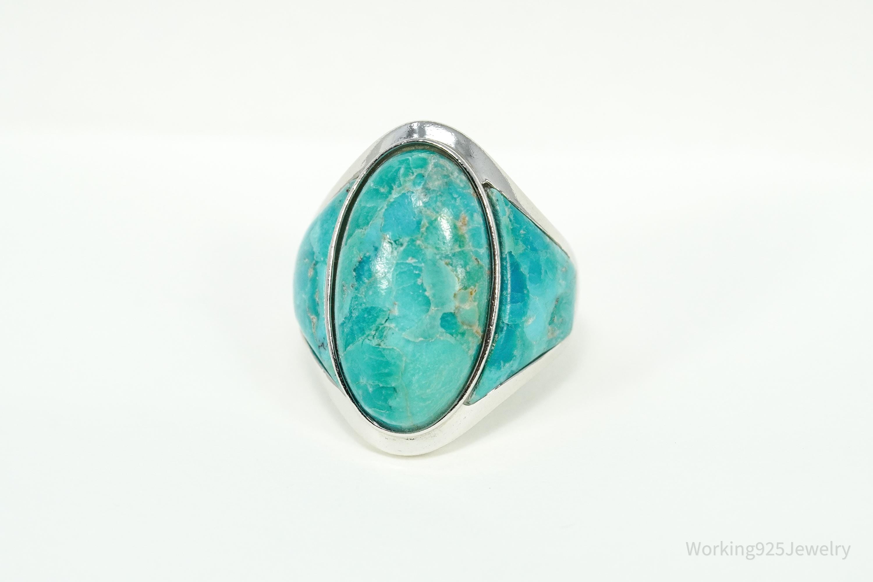 Large Turquoise Rhodium Over Sterling Silver Ring - Size 6