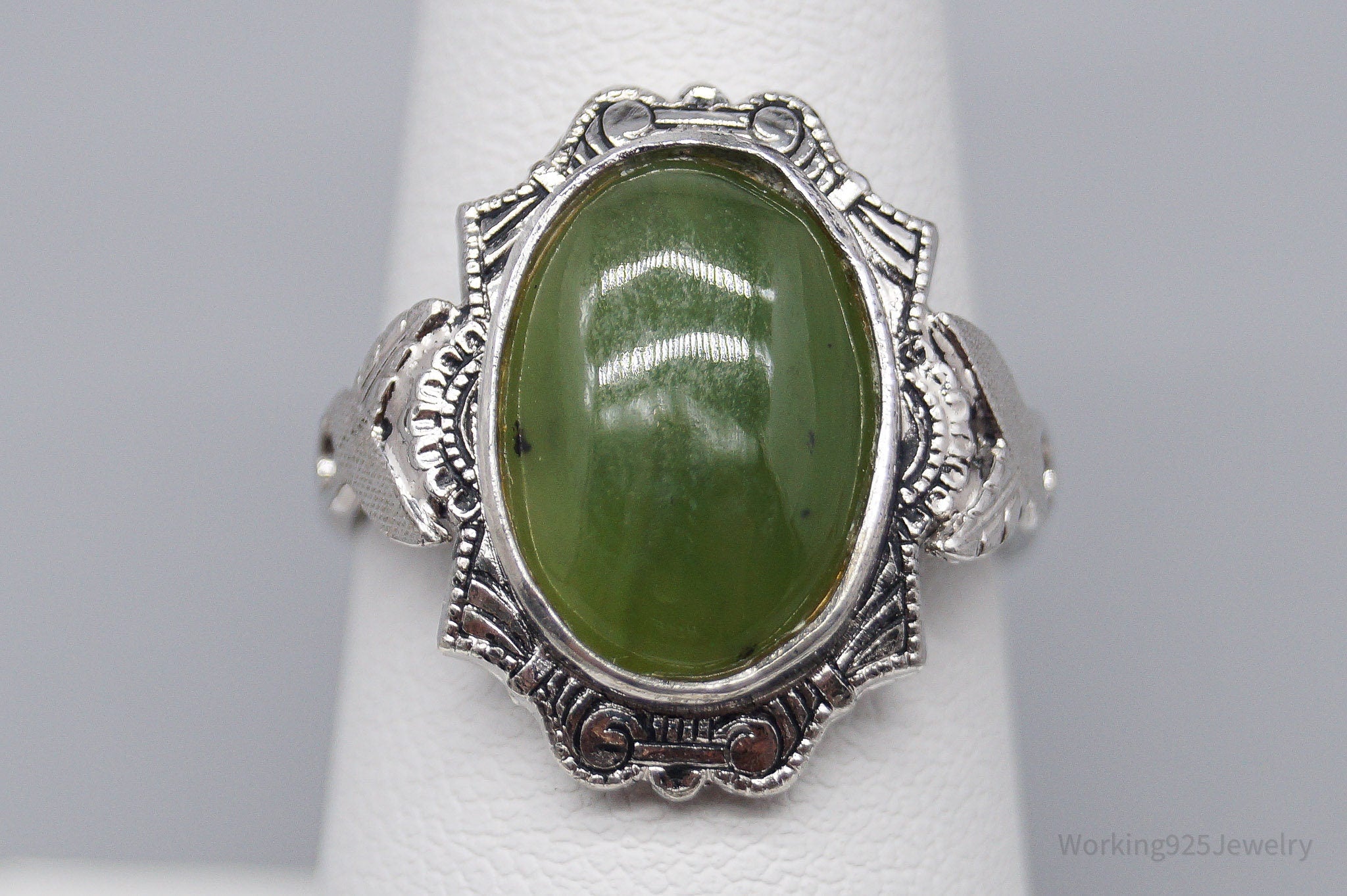 Antique Designer Clark & Coombs Nephrite Jade Sterling Silver Ring - Size 7.5