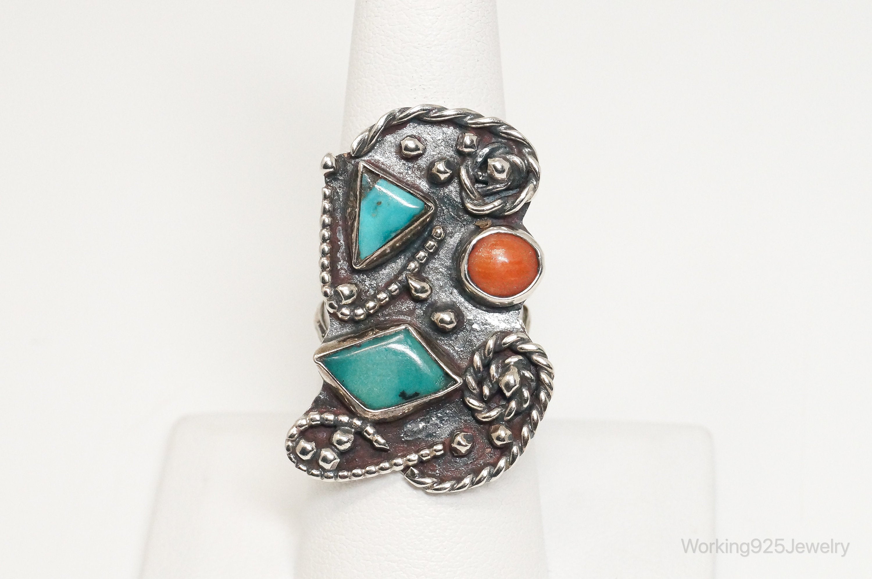 Vintage Native American Turquoise Coral Unsigned Sterling Silver Ring - Sz 7