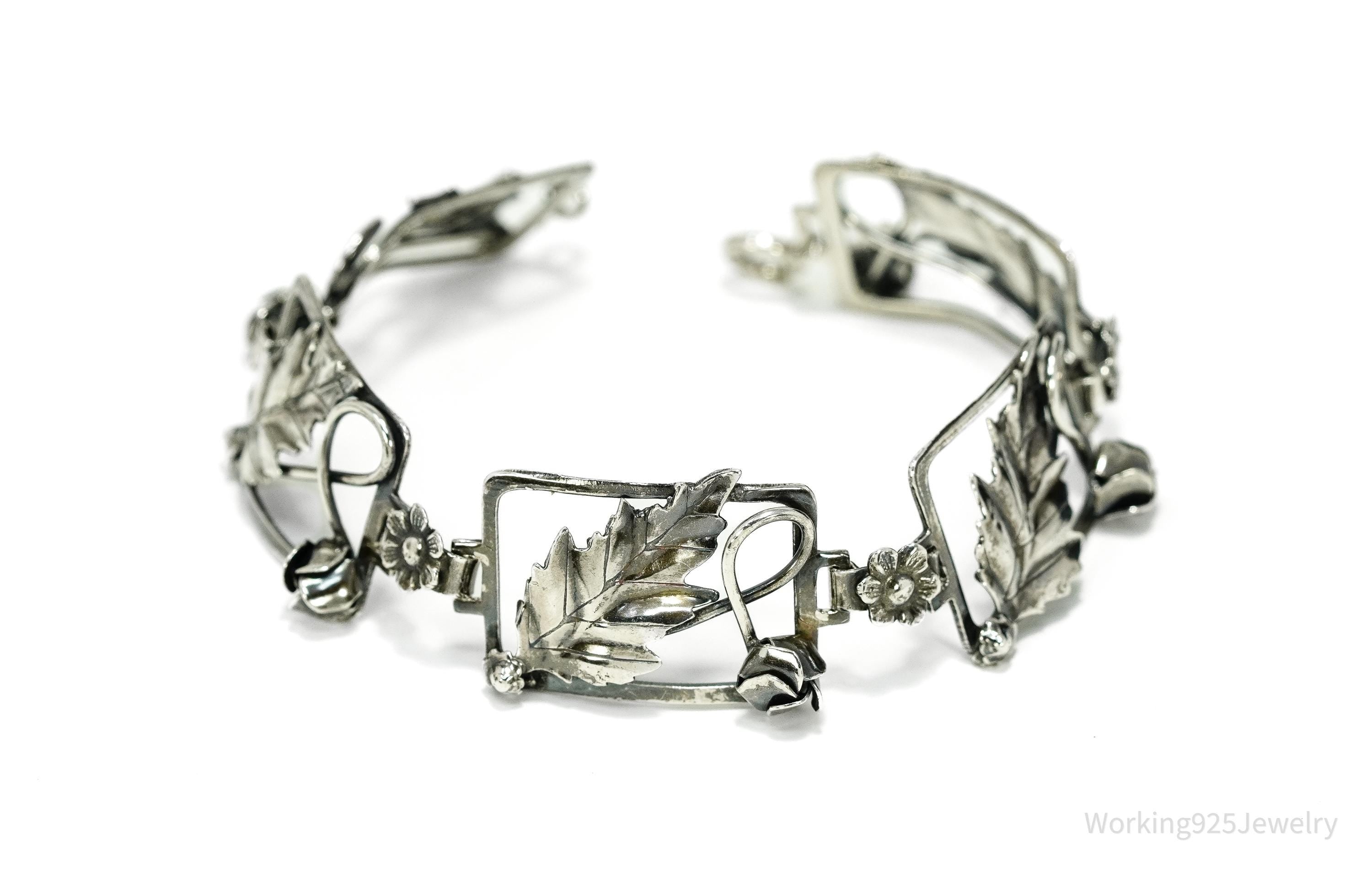 Antique Floral Sterling Silver Bracelet 7.5"