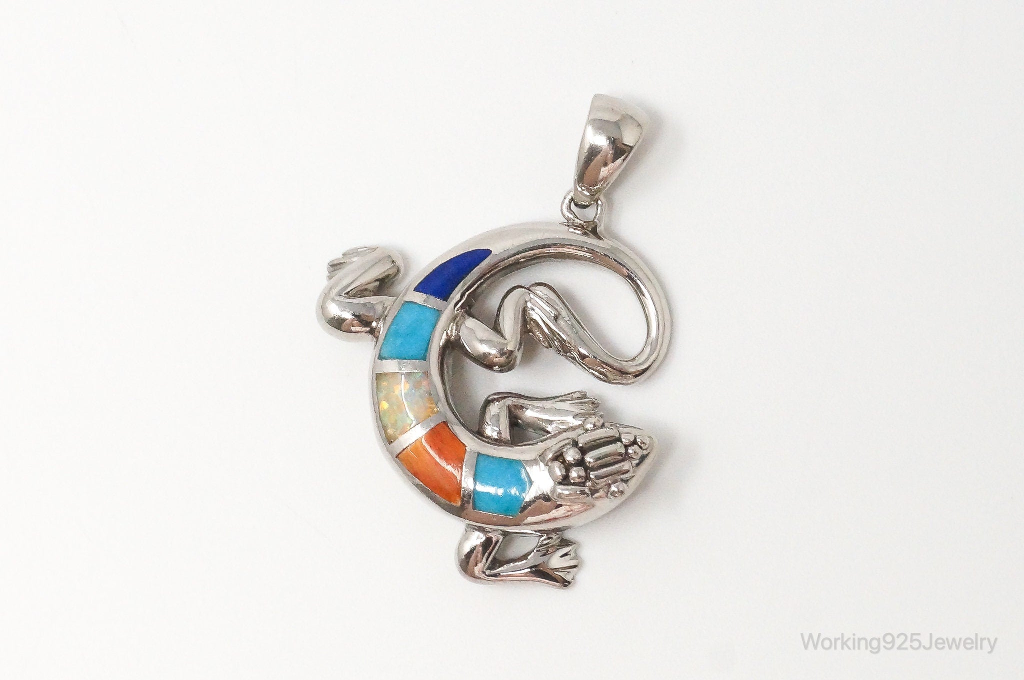 Vintage Southwestern Multi Gem Inlay Lizard Sterling Silver Pendant