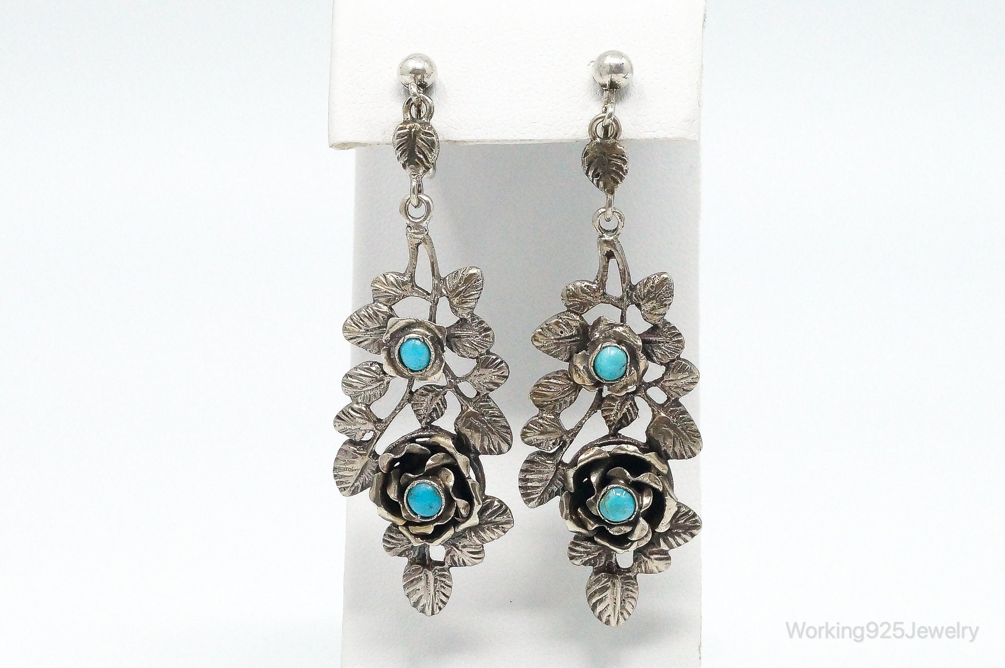 Vintage Screw Back Turquoise Flowers Long 800 Silver Earrings