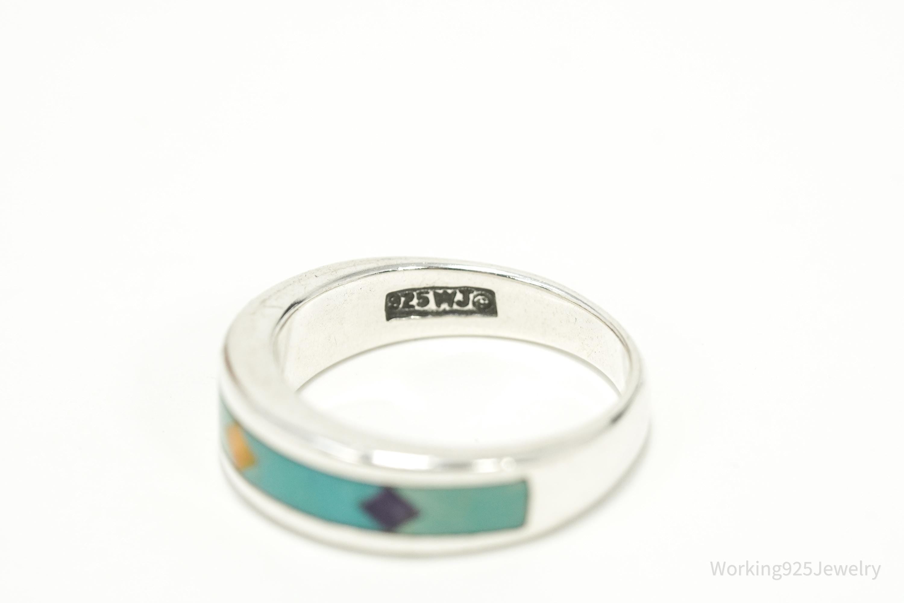 Vintage WJ Waldeck Johnson Sterling Silver Ring • Southwest Gem Inlay Sz 8