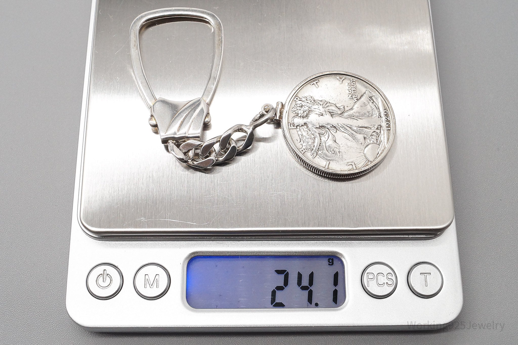 Vintage 1929 Walking Liberty Half Dollar Coin Sterling Silver Keychain