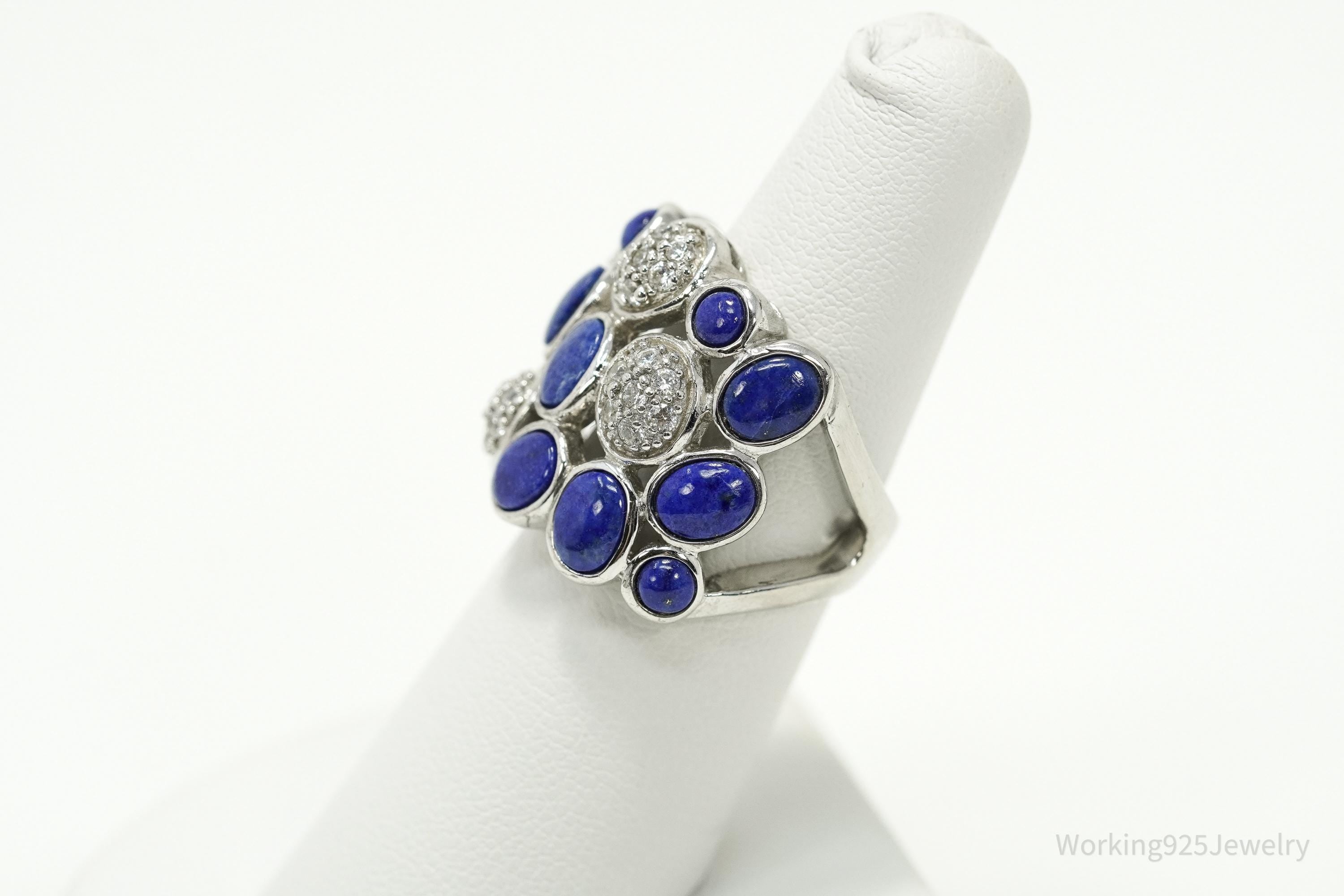 Vintage Joseph Esposito Lapis Lazuli & CZ Sterling Silver Cocktail Ring Sz 6.25