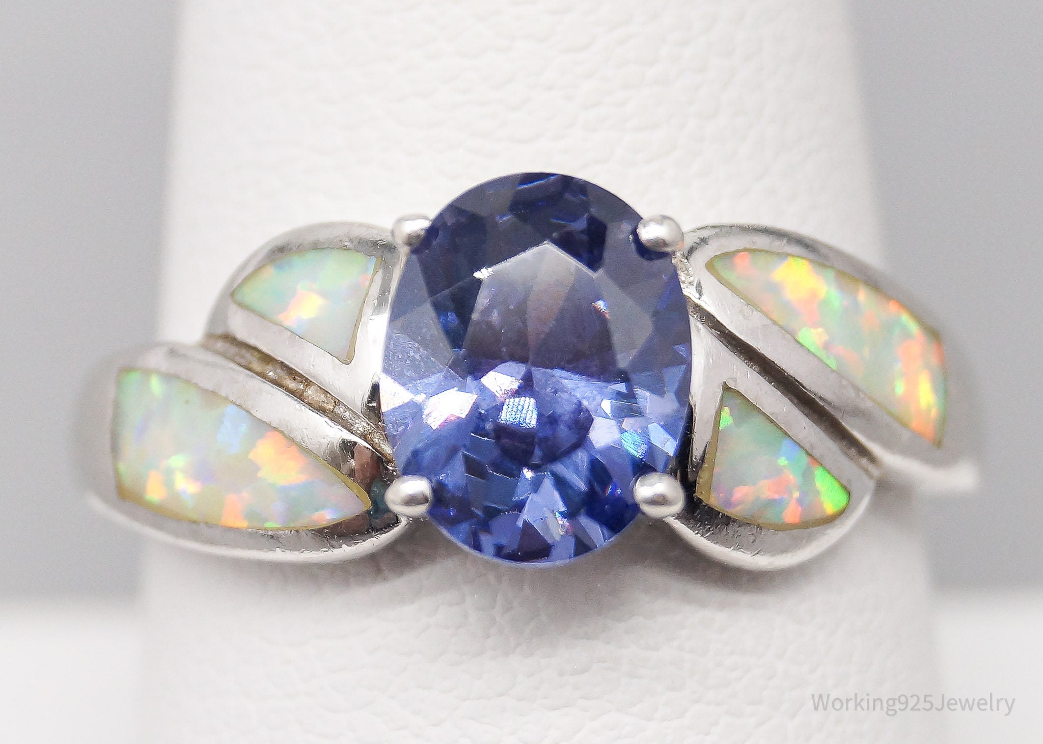 Vintage Iolite & Opal Inlay Sterling Silver Ring - Size 9.25