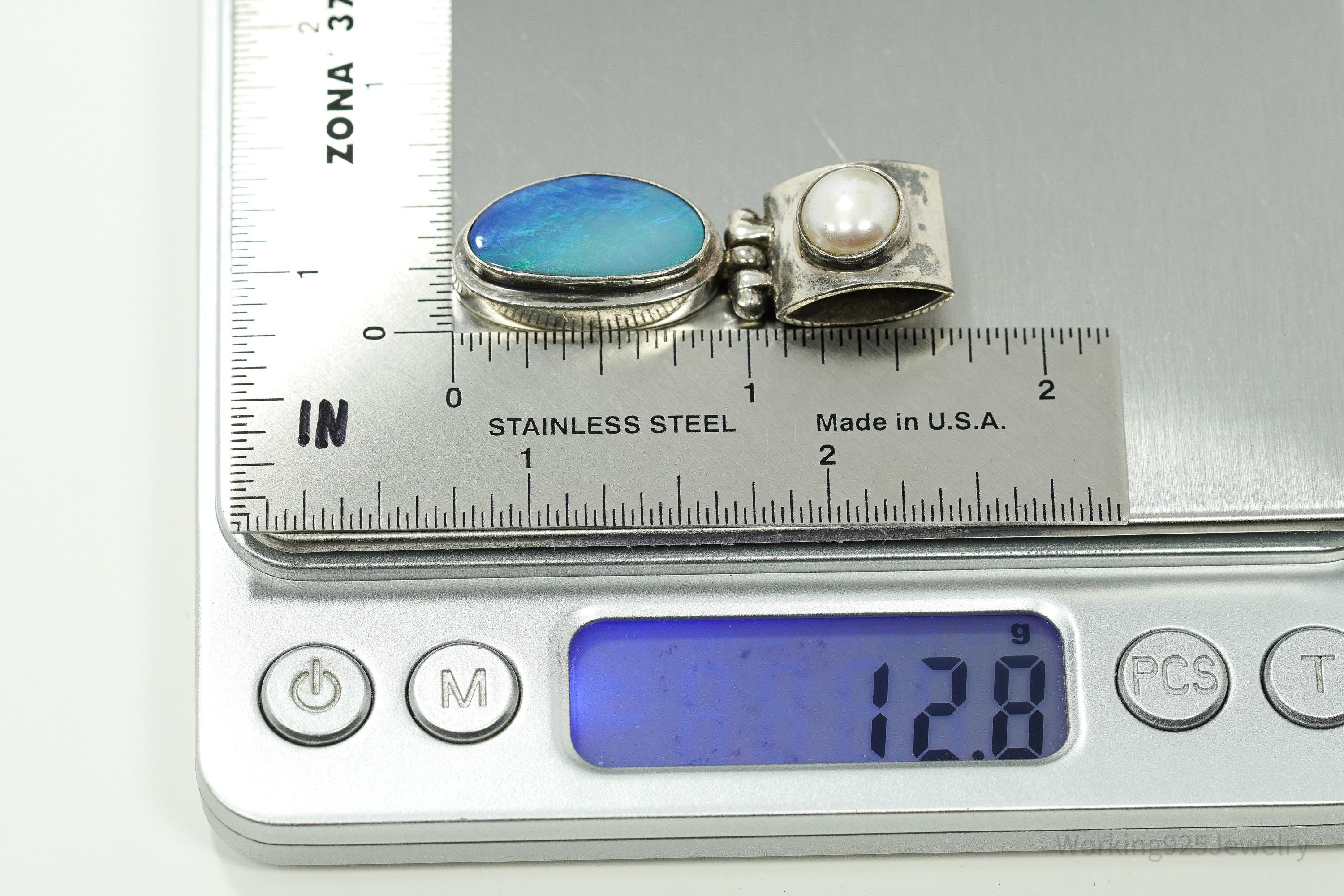 Large Vintage Blue Opal & Pearl Sterling Silver Pendant