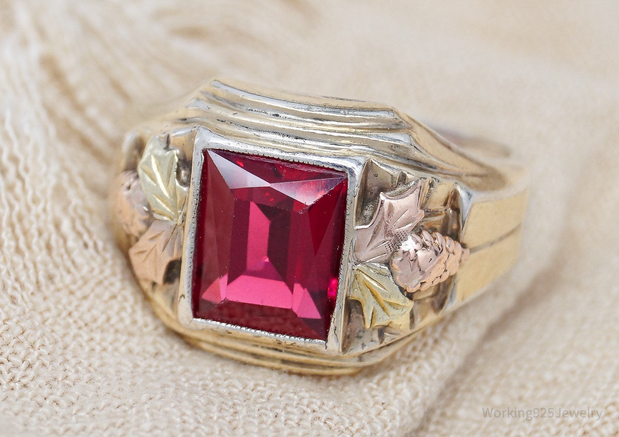 Antique Ruby 10K Gold Top Sterling Silver Ring - Size 9.75