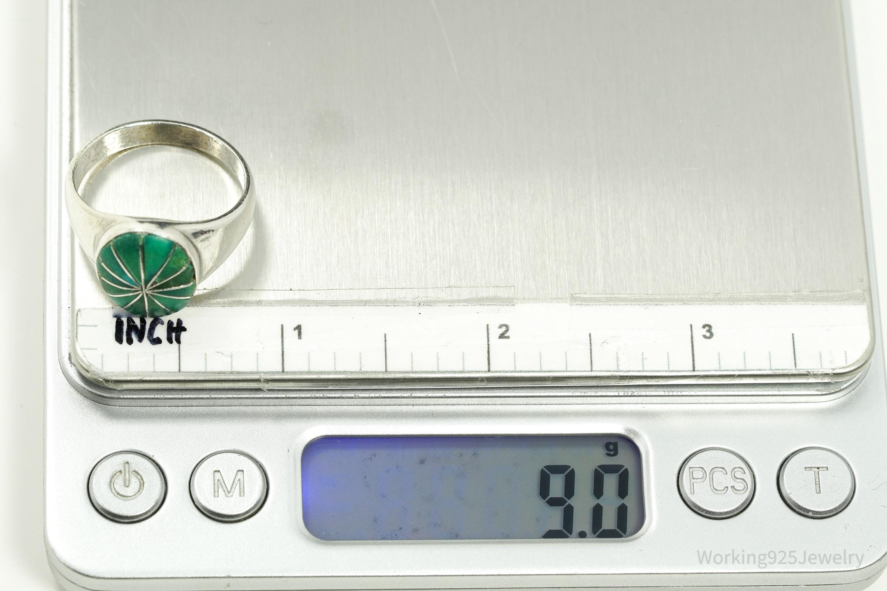 Vintage Handmade Native American Turquoise Inlay Silver Ring - Size 11.25