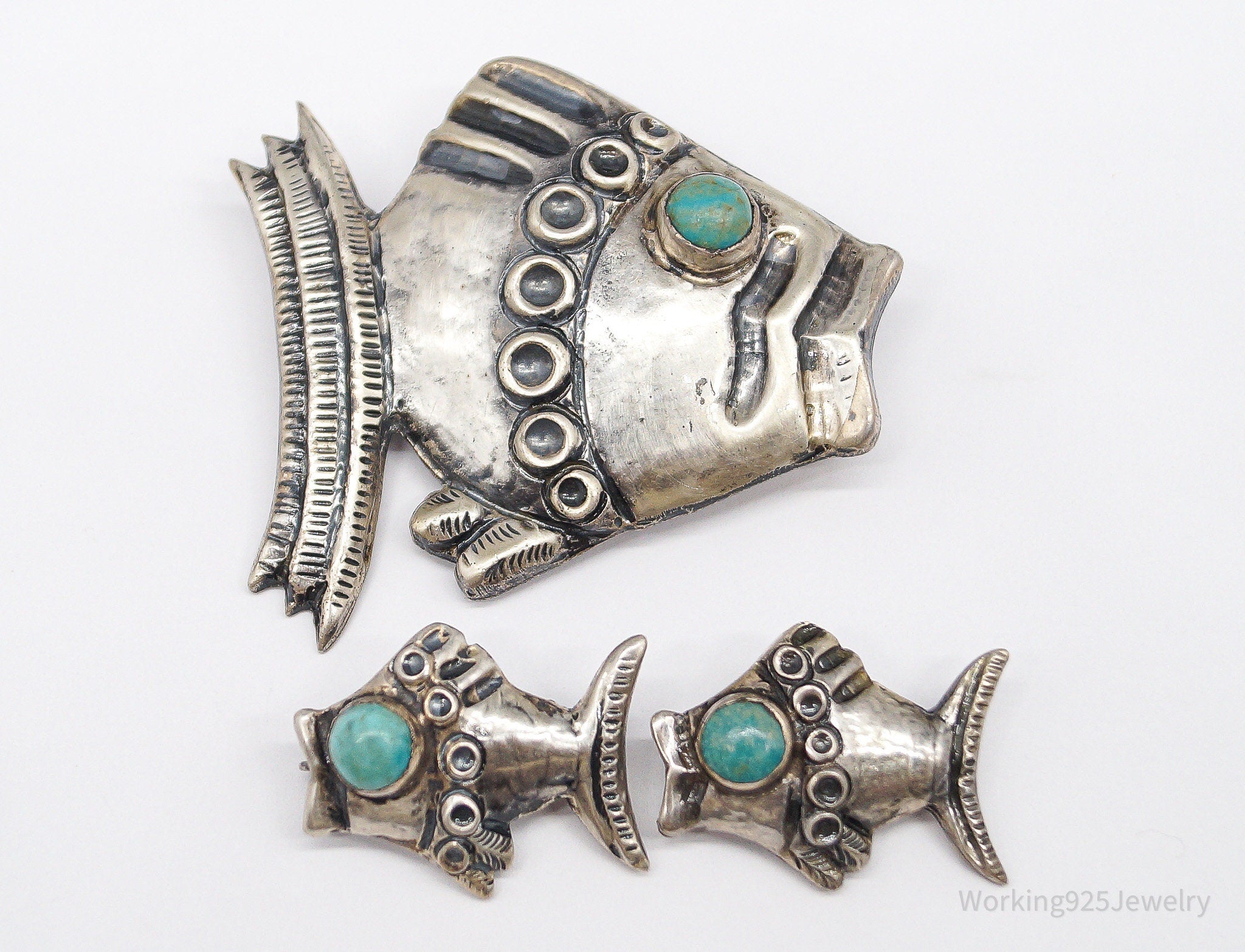 RARE Vintage Mexico Modernist Fish Turquoise Sterling Silver Brooch Pin & Earrings Set