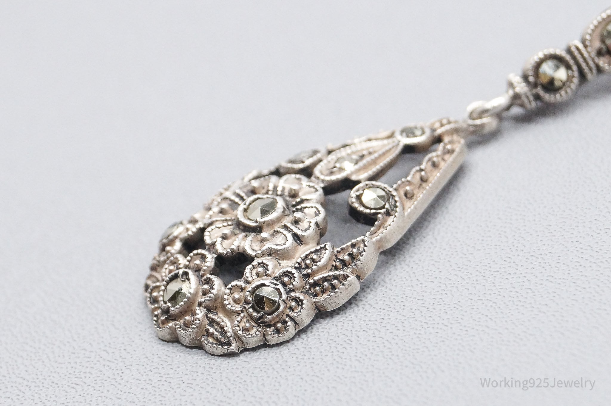 Antique German Lavaliere Floral Marcasite Sterling Silver Necklace 17"