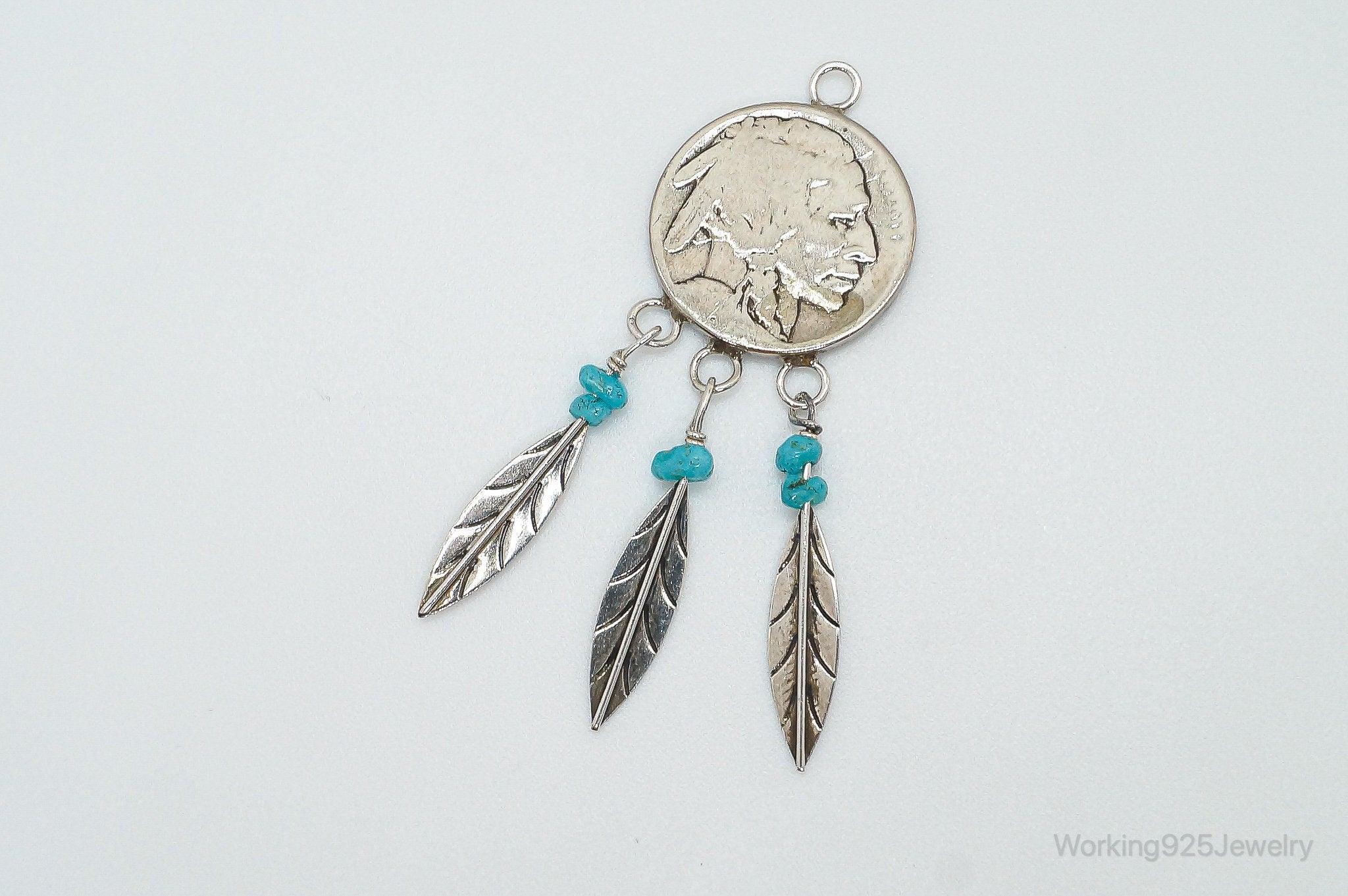 Vintage Native American Made Buffalo Nickel Turquoise Sterling Silver Pendant