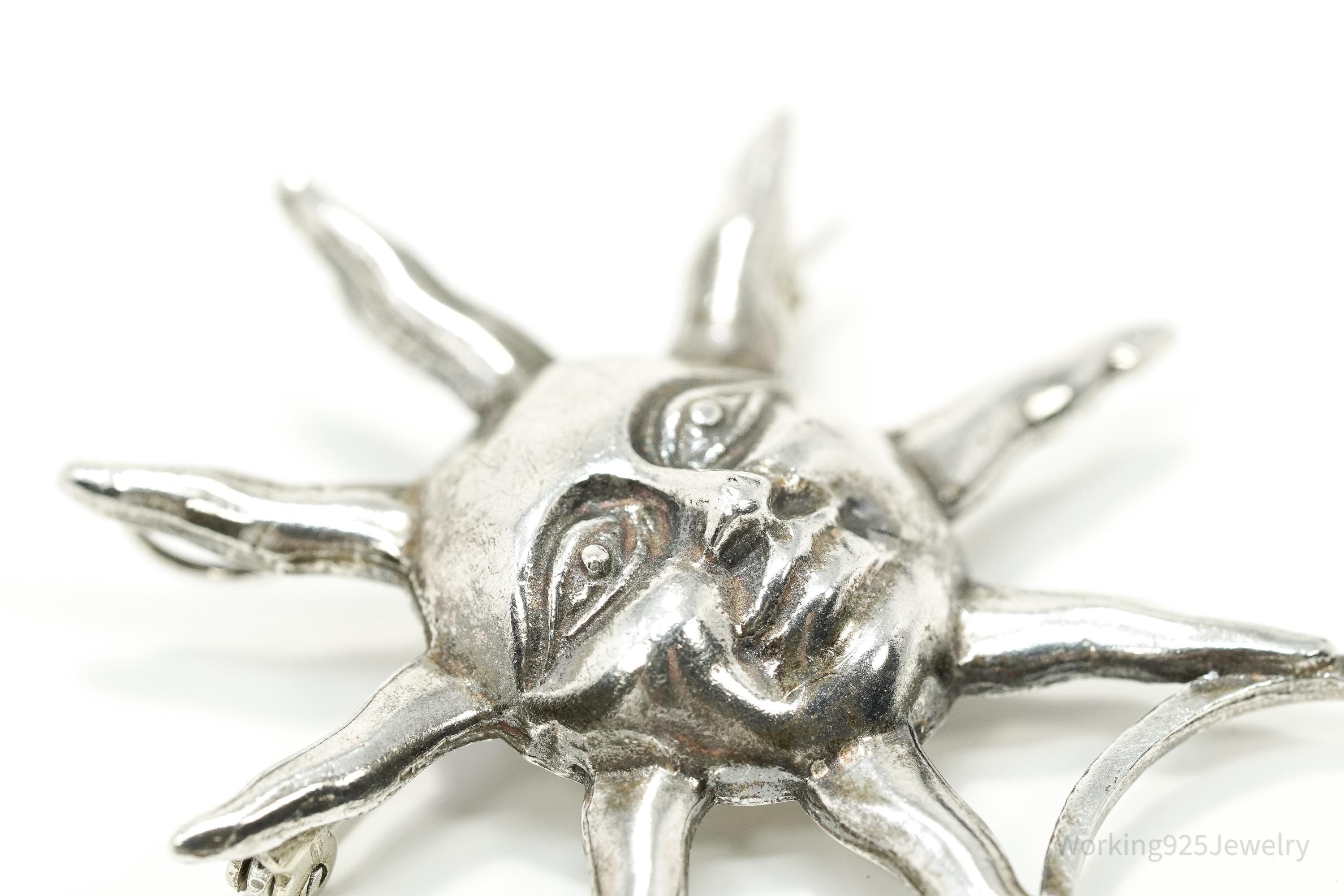 Vintage Large Sun Face Sterling Silver Pin Pendant 2.25"