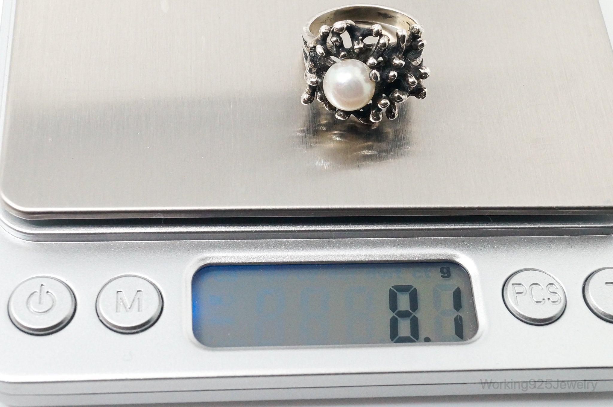 Vintage Designer G & L Pearl Brutalist Sterling Silver Ring - Sz 6.25