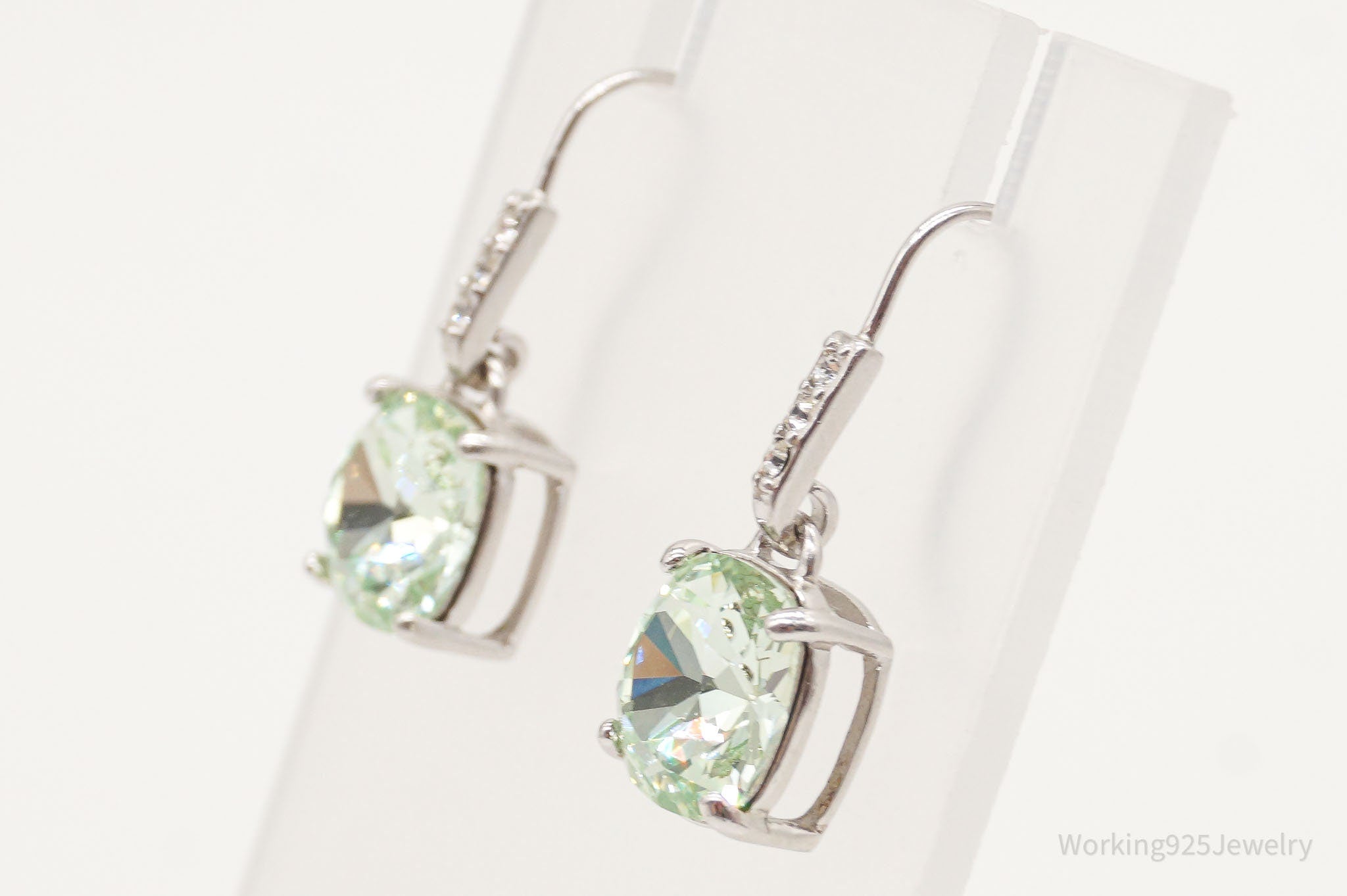 Vintage Large Green Stone Cubic Zirconia Sterling Silver Earrings