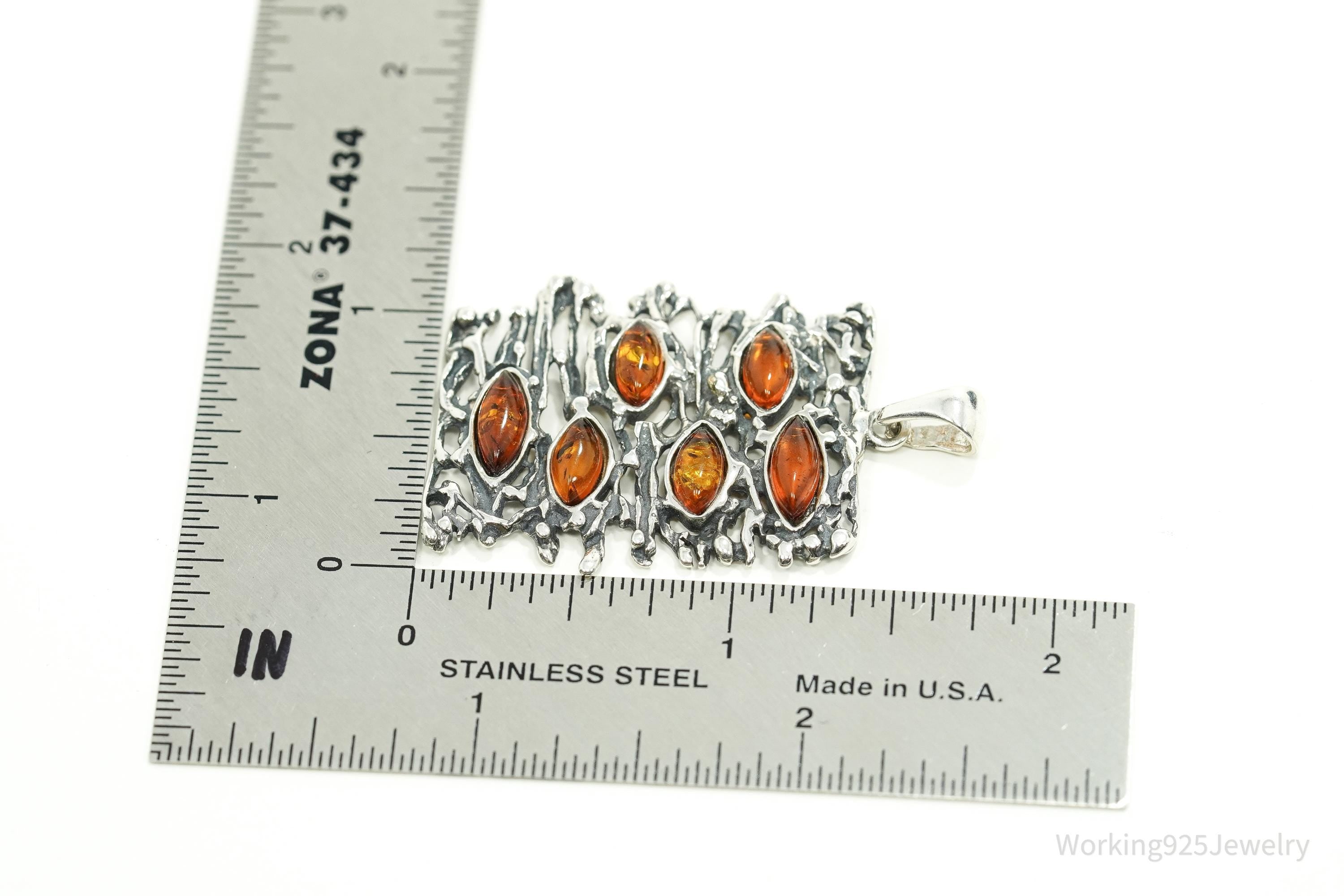Vintage Brutalist Amber Sterling Silver Pendant