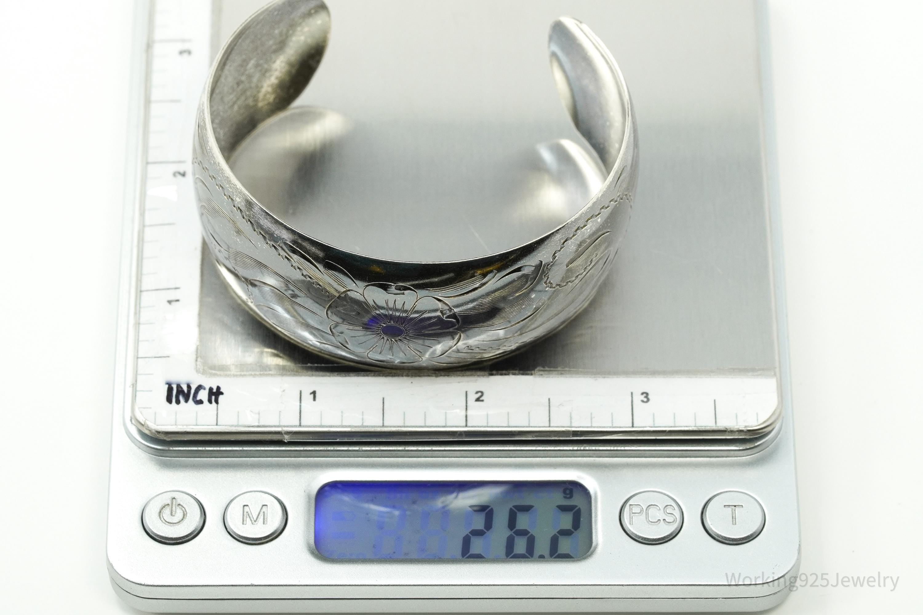 Antique Art Nouveau Floral Etched Sterling Silver Cuff Bracelet - 7 5/8"