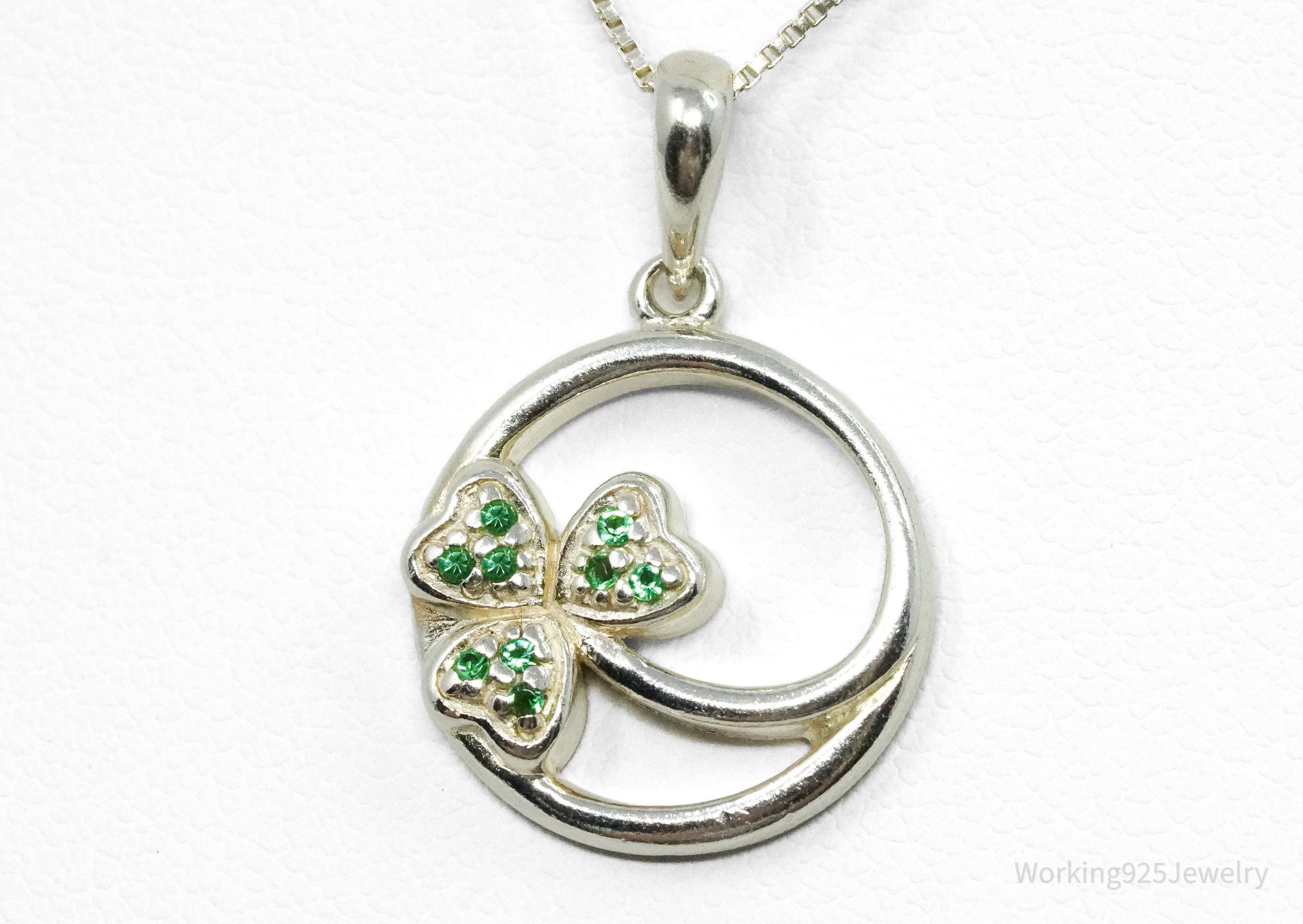 Vintage SOLVAR Three Leaf Clover Green Stone Sterling Silver Necklace - 16"