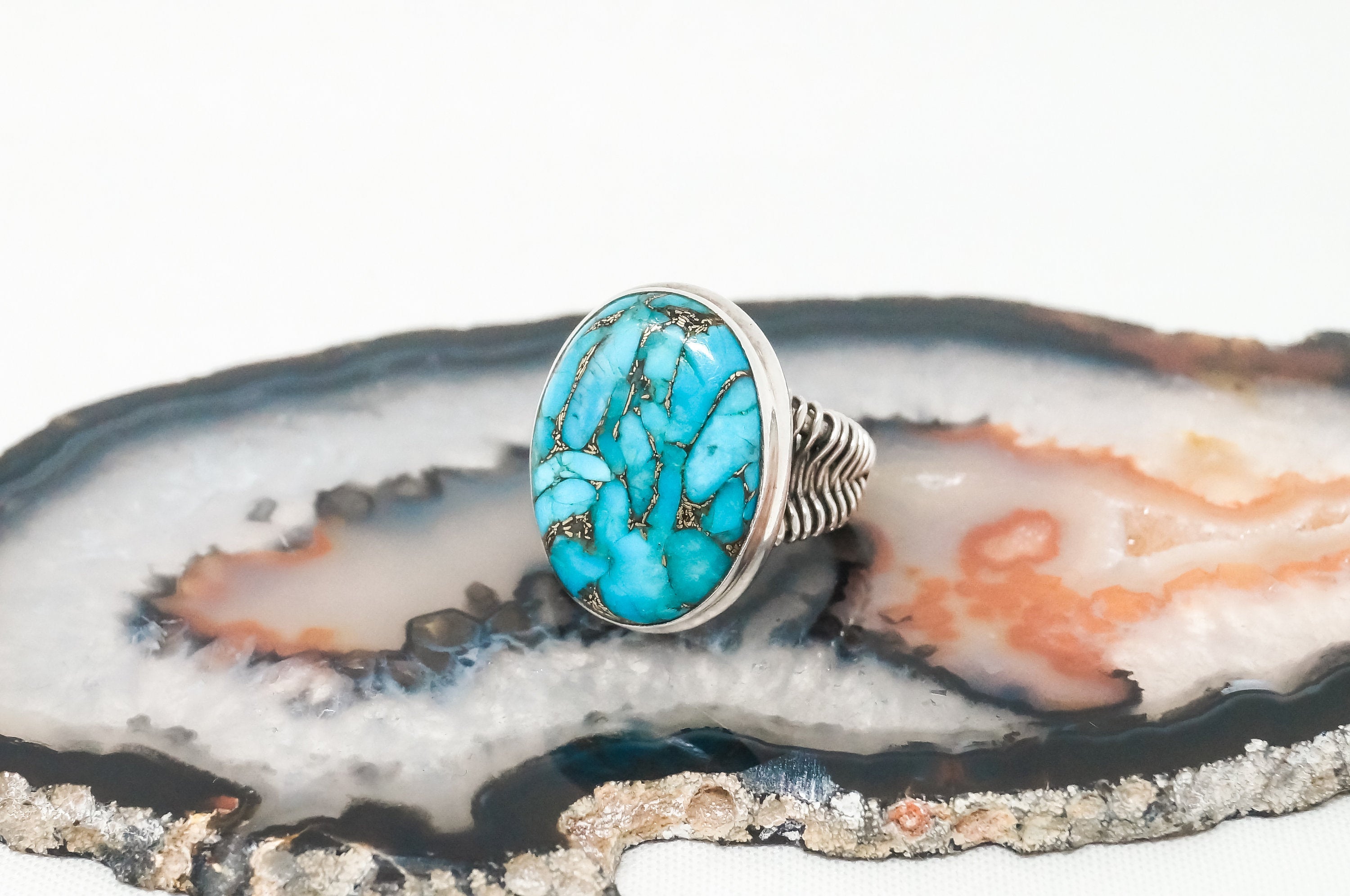 Vintage Large Turquoise Wire Wrap Design Sterling Silver Ring Sz 7.5 - 797300593