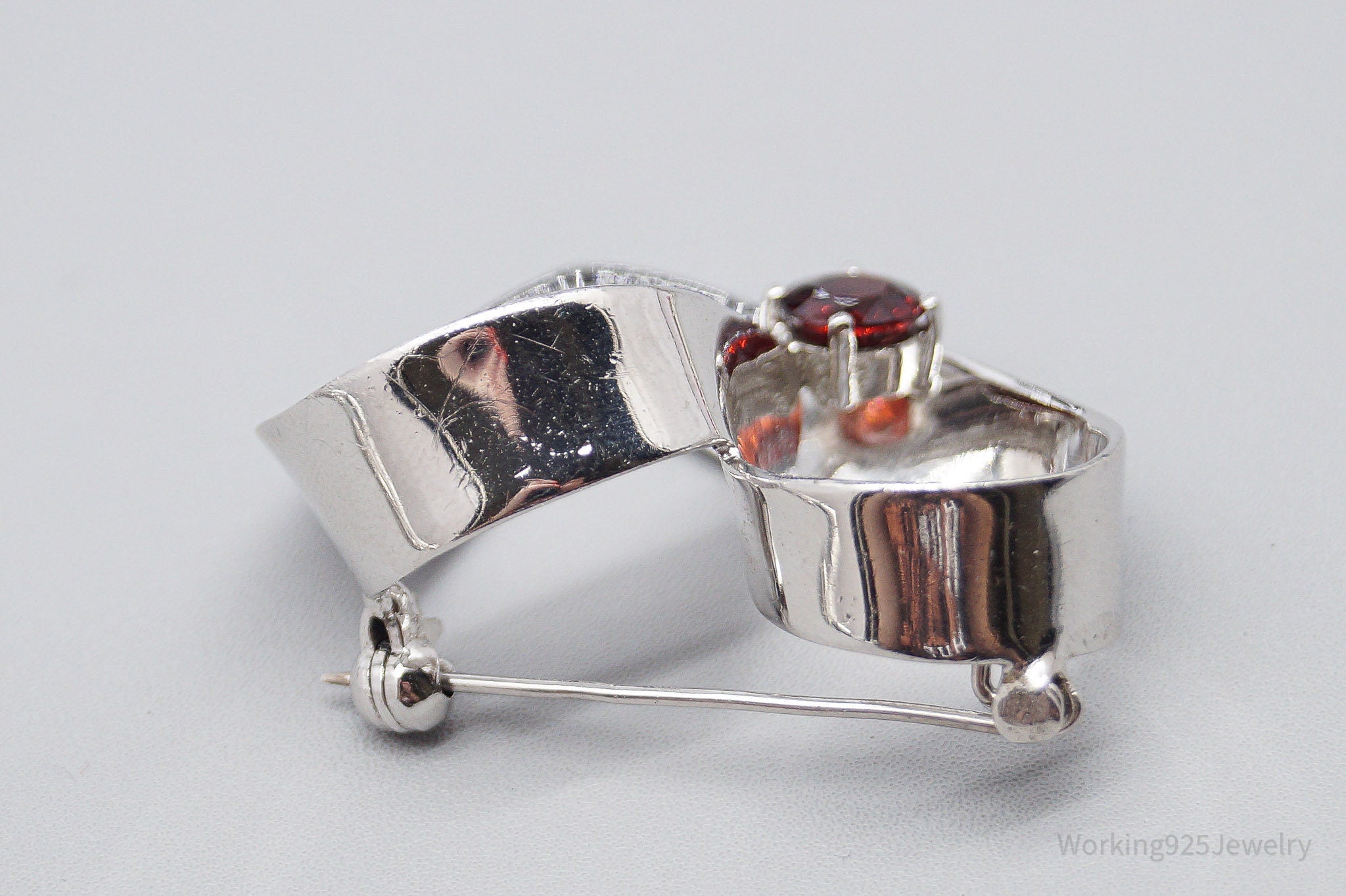 Large Vintage Garnet Heart Sterling Silver Brooch Pin