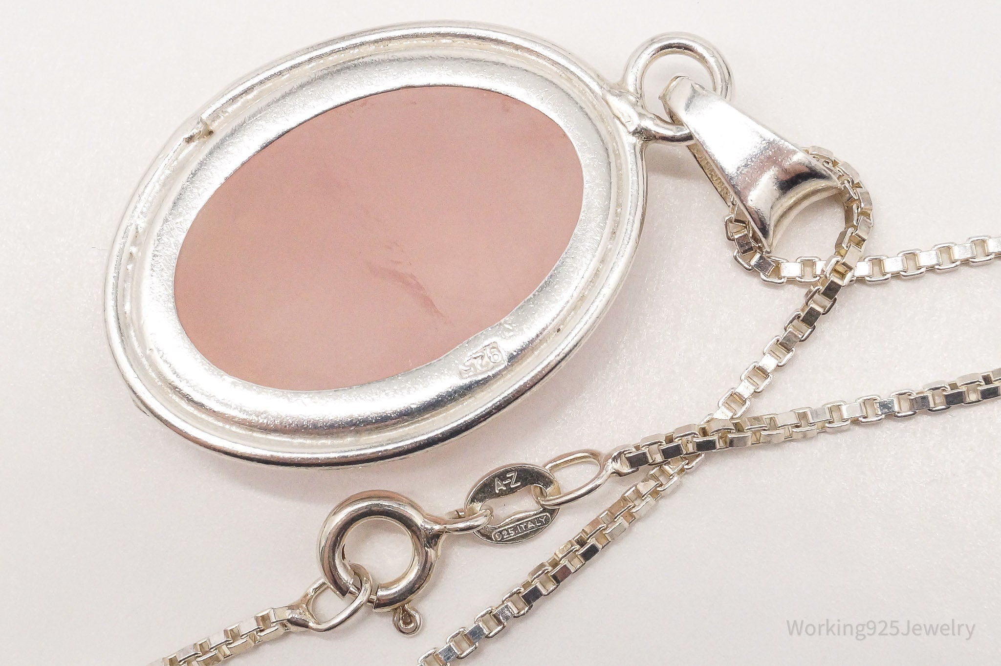 Vintage Large Rose Quartz Sterling Silver Necklace 18"