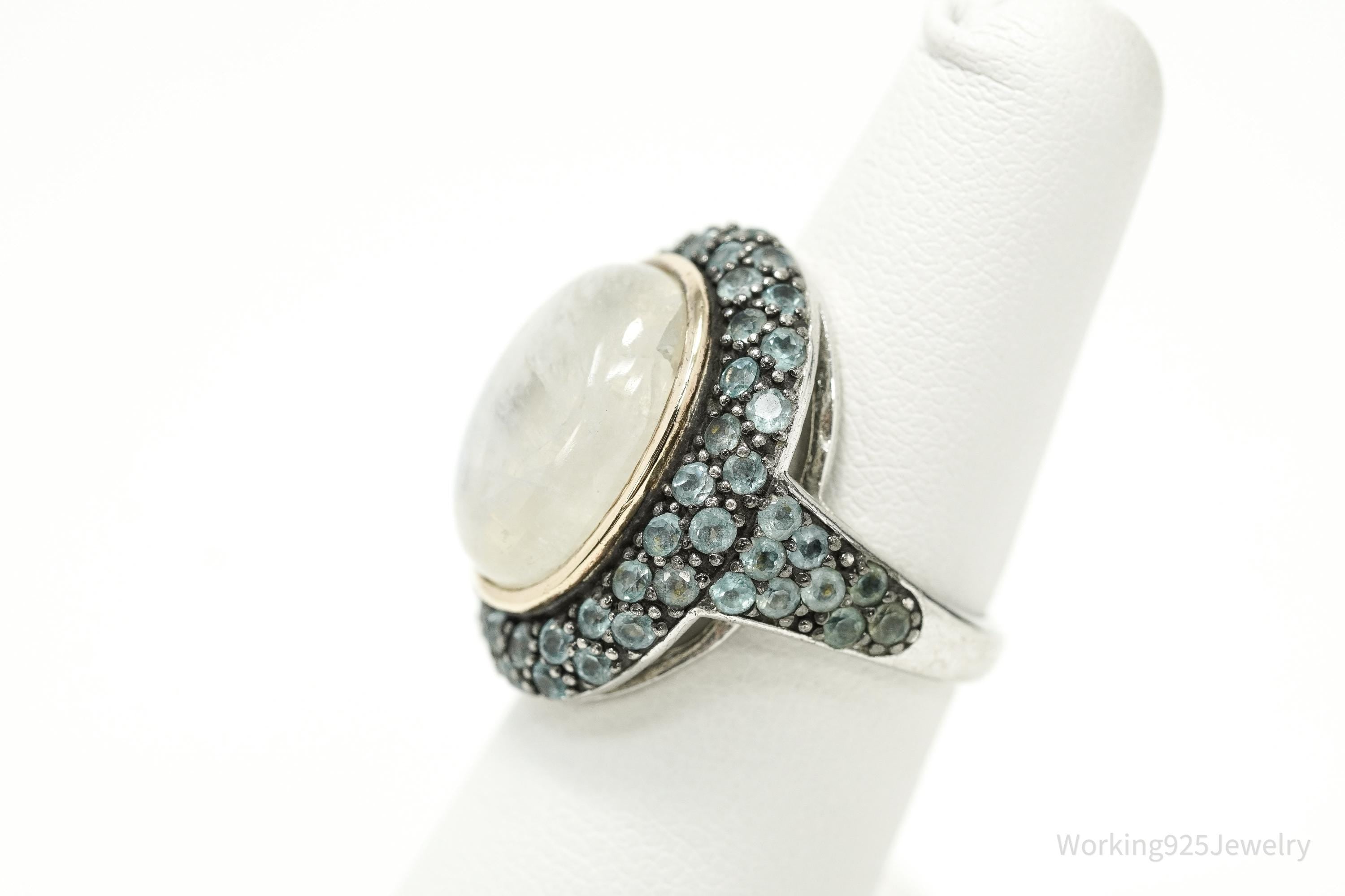 Vintage White Labradorite Moonstone & Blue Topaz 14K Sterling Silver Ring 5.75