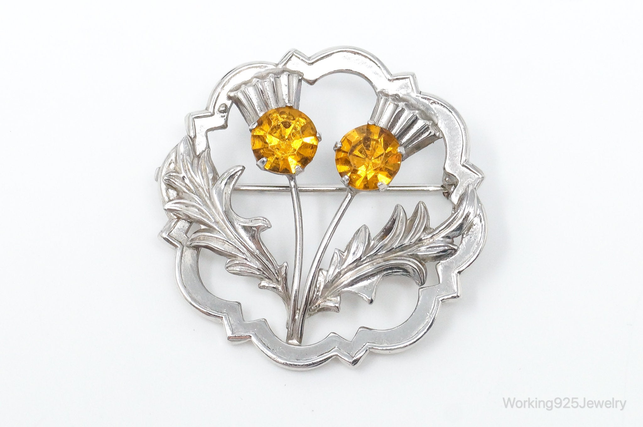 Vintage WB Ward Brothers Citrine Scottish Thistle Sterling Silver Brooch