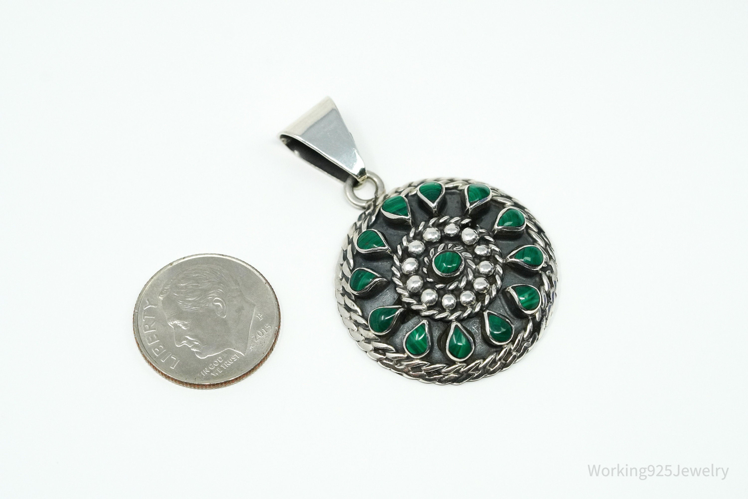 Vintage Large Mexico Malachite Sterling Silver Pendant 1 5/8"