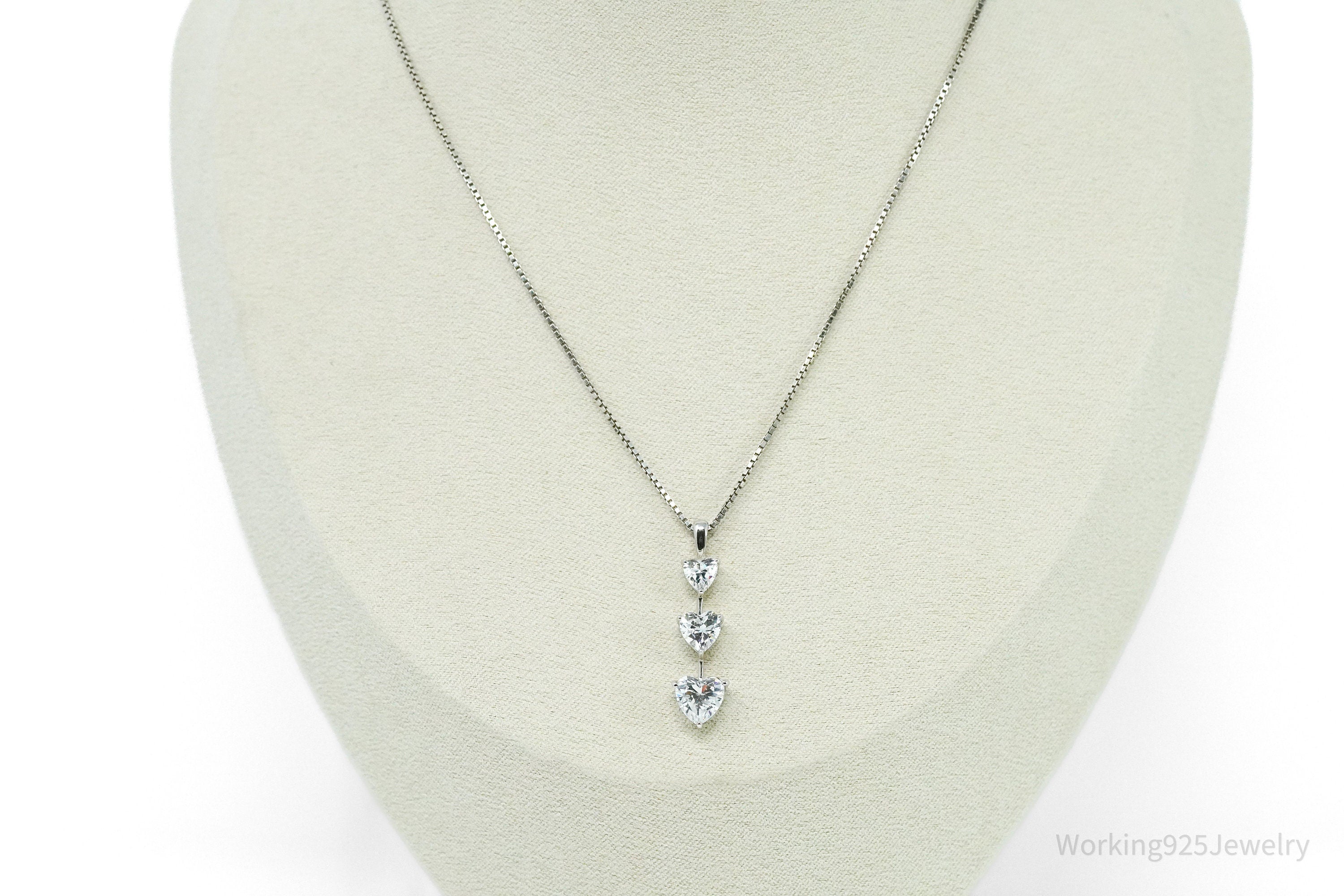 Vintage Cubic Zirconia Hearts Sterling Silver Necklace 20"