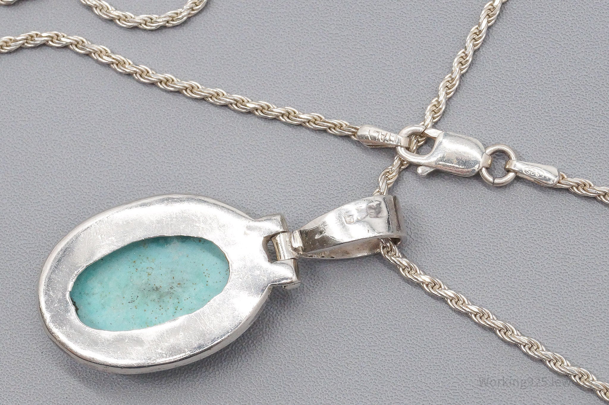 Vintage Large Blue Turquoise Pendant Sterling Silver Necklace 30"