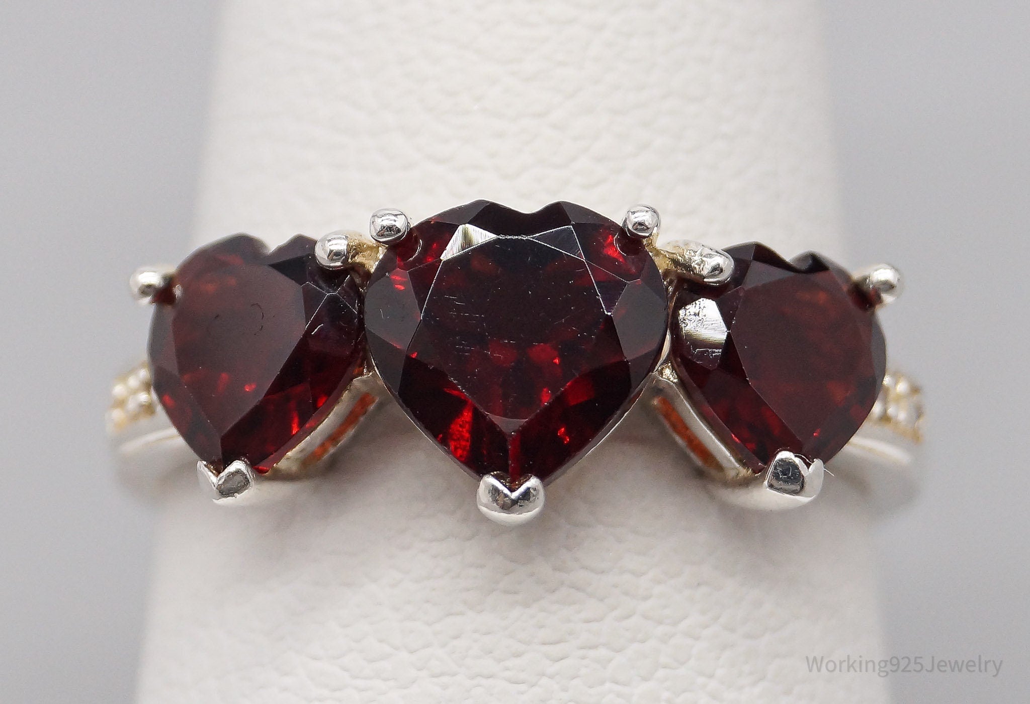 Vintage Garnet Hearts & Cubic Zirconia Sterling Silver Ring - Size 6.75