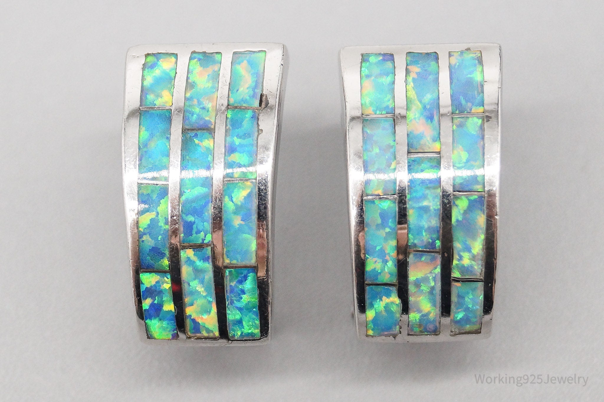 Vintage Opal Inlay Sterling Silver Omega Back Hoop Earrings