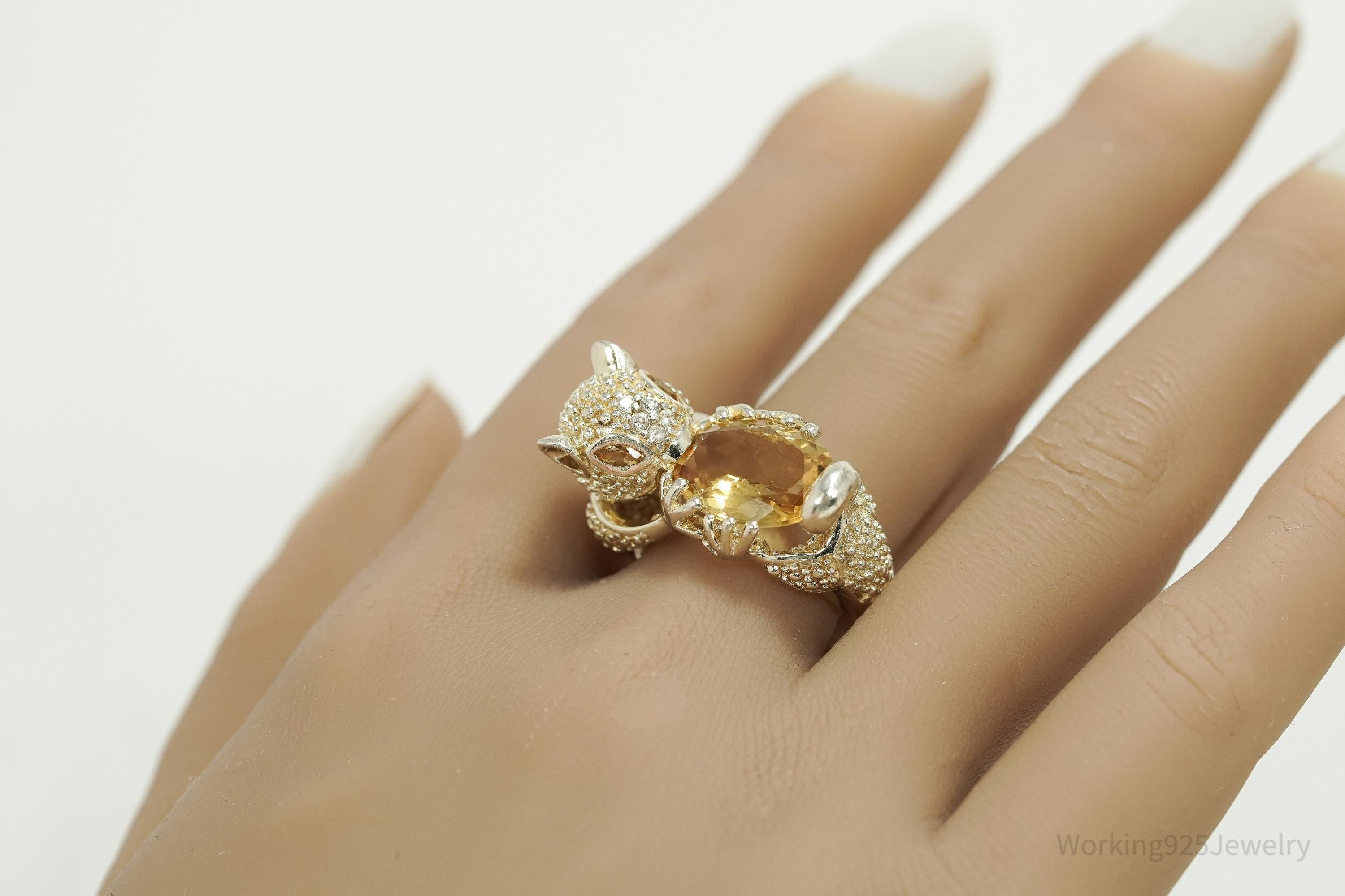 Vintage Citrine & Cubic Zirconia Gold Vermeil Sterling Silver Animal Ring - Size 10