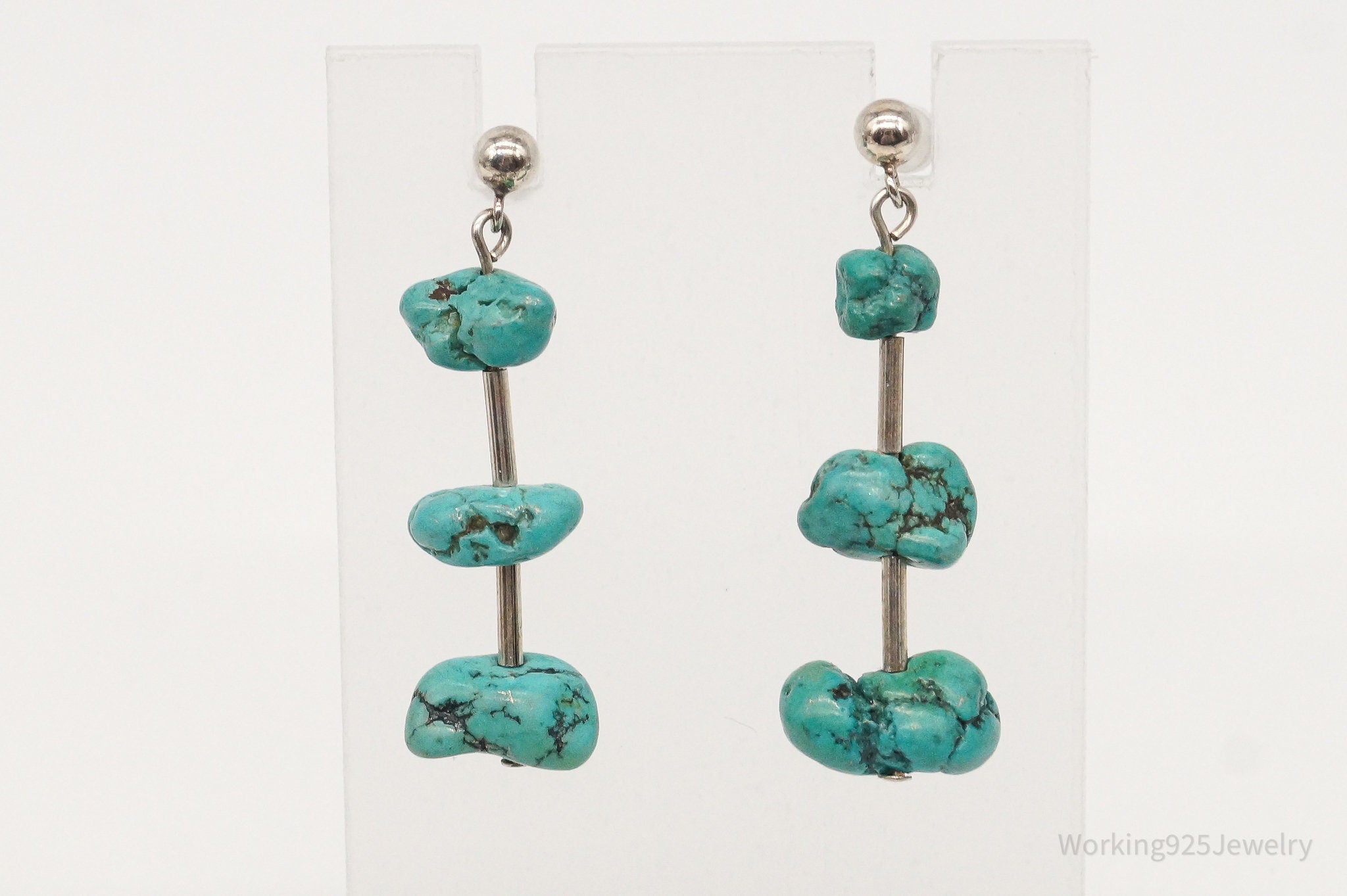 Vintage Native American Turquoise Nuggets Beads Sterling Silver Earrings