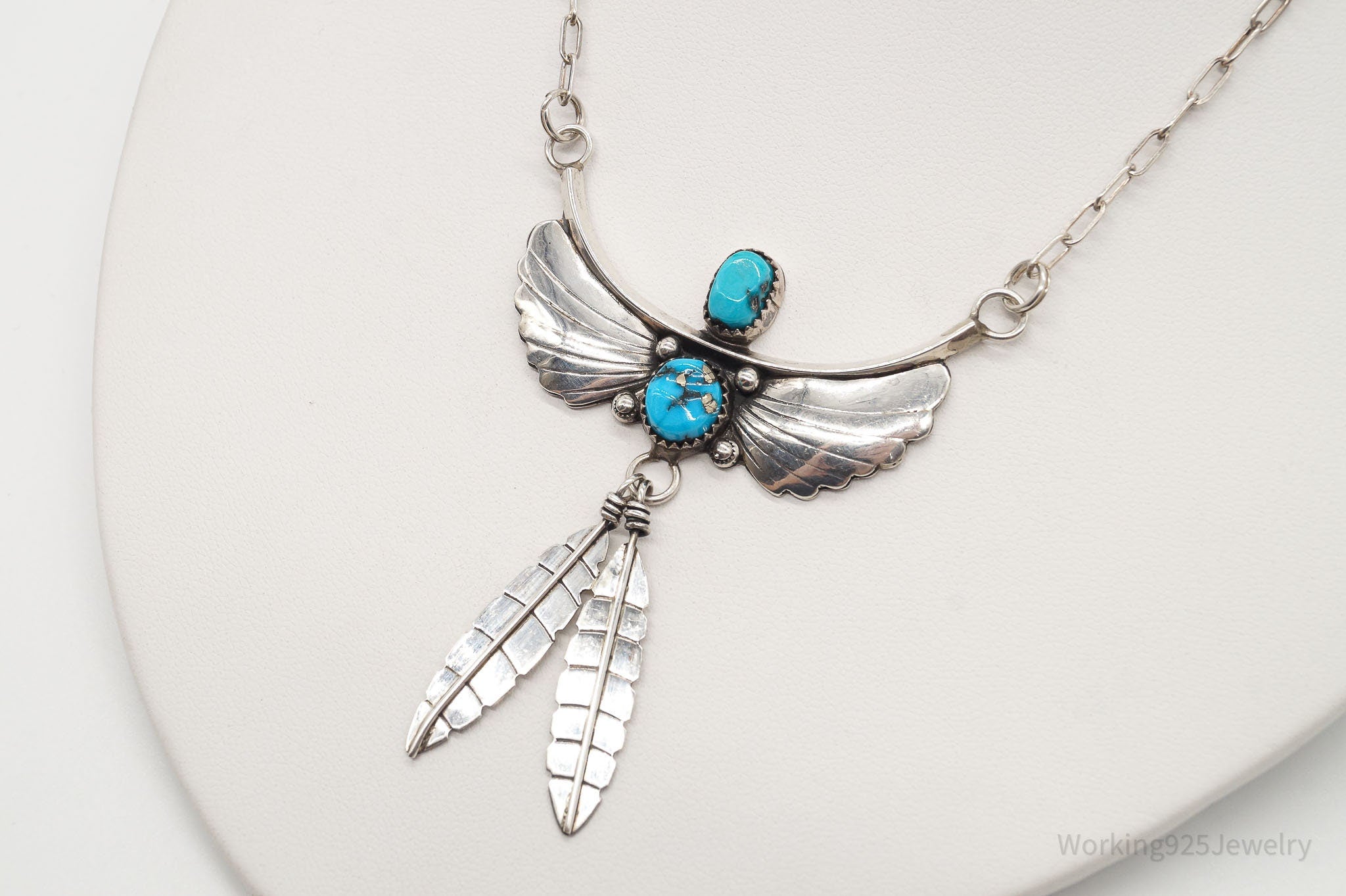 Vintage Native American LG Turquoise Sterling Silver Necklace