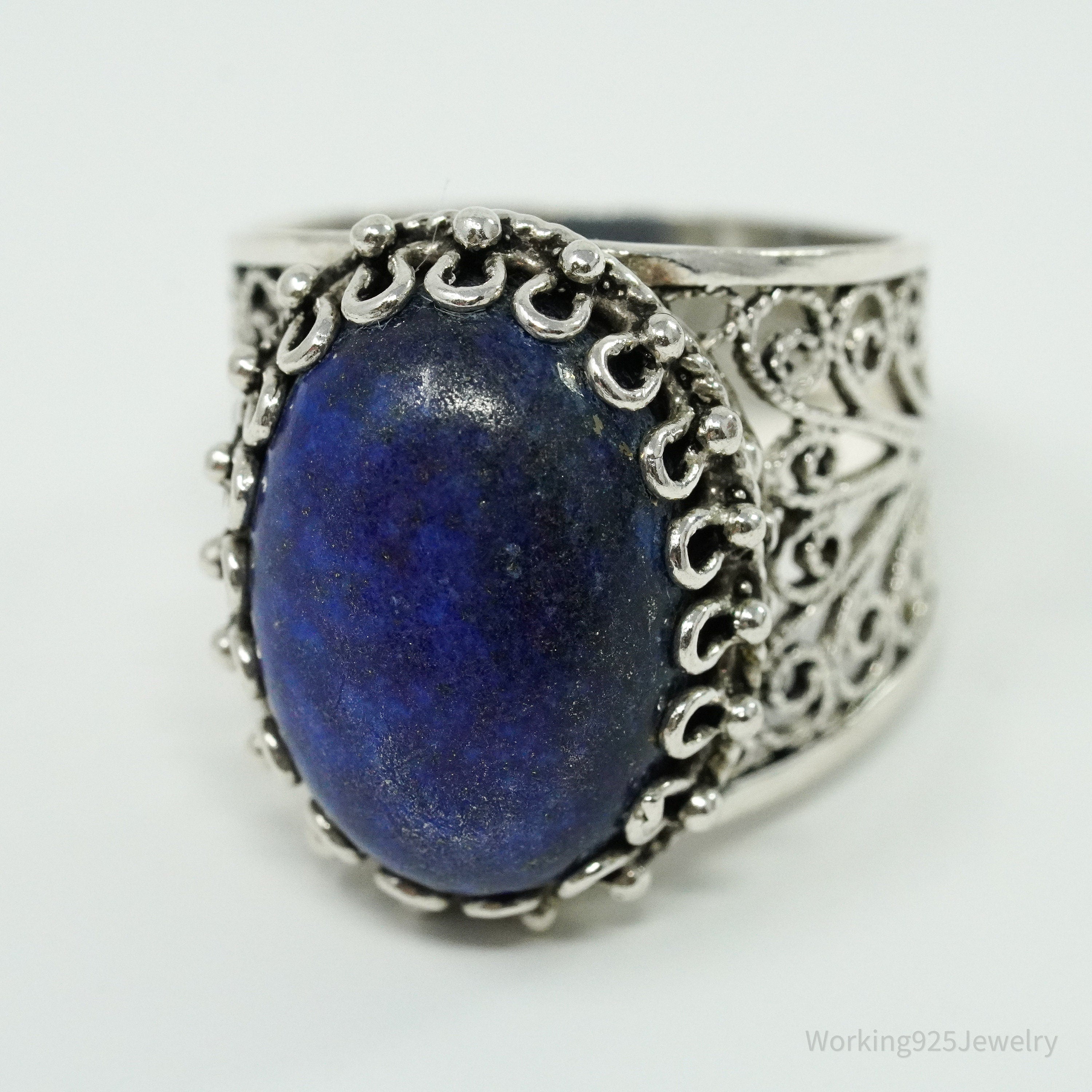 Vintage Designer DGS Lapis Lazuli Filigree Sterling Silver Ring - Size 9