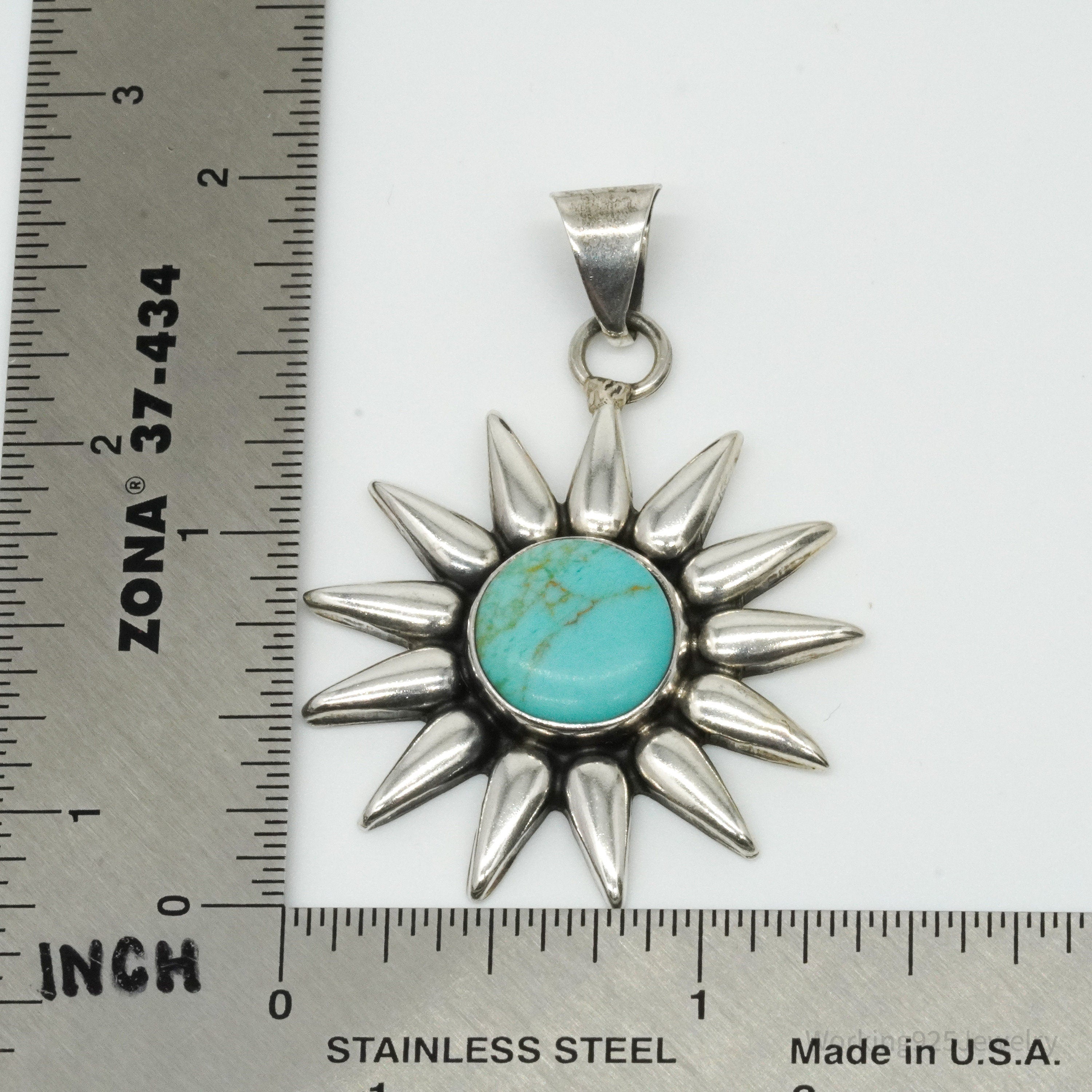 Large Vintage Mexico Turquoise Sun Sterling Silver Pendant 2"