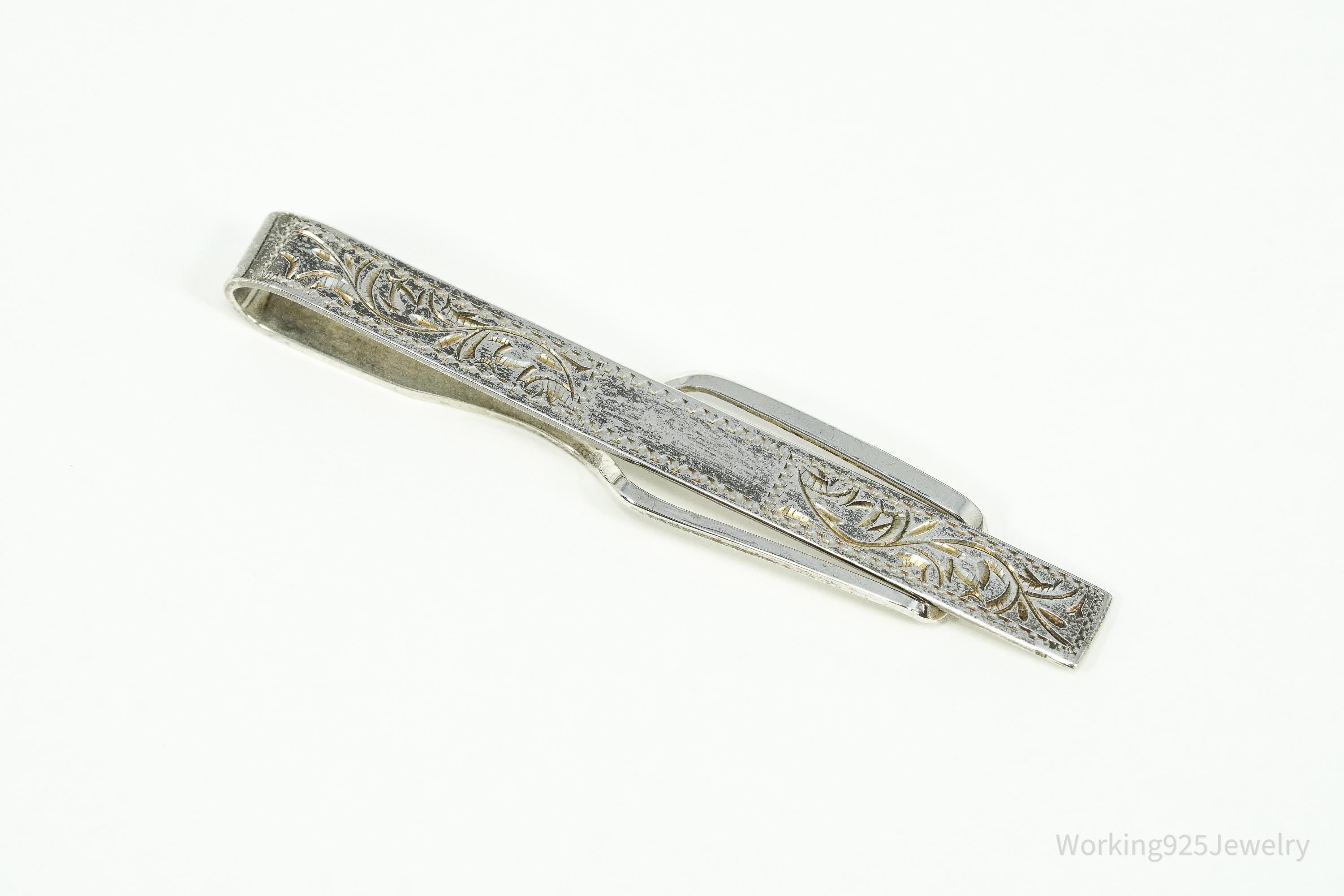 Vintage Floral Etched 950 Sterling Silver Money Clip Tie Clip