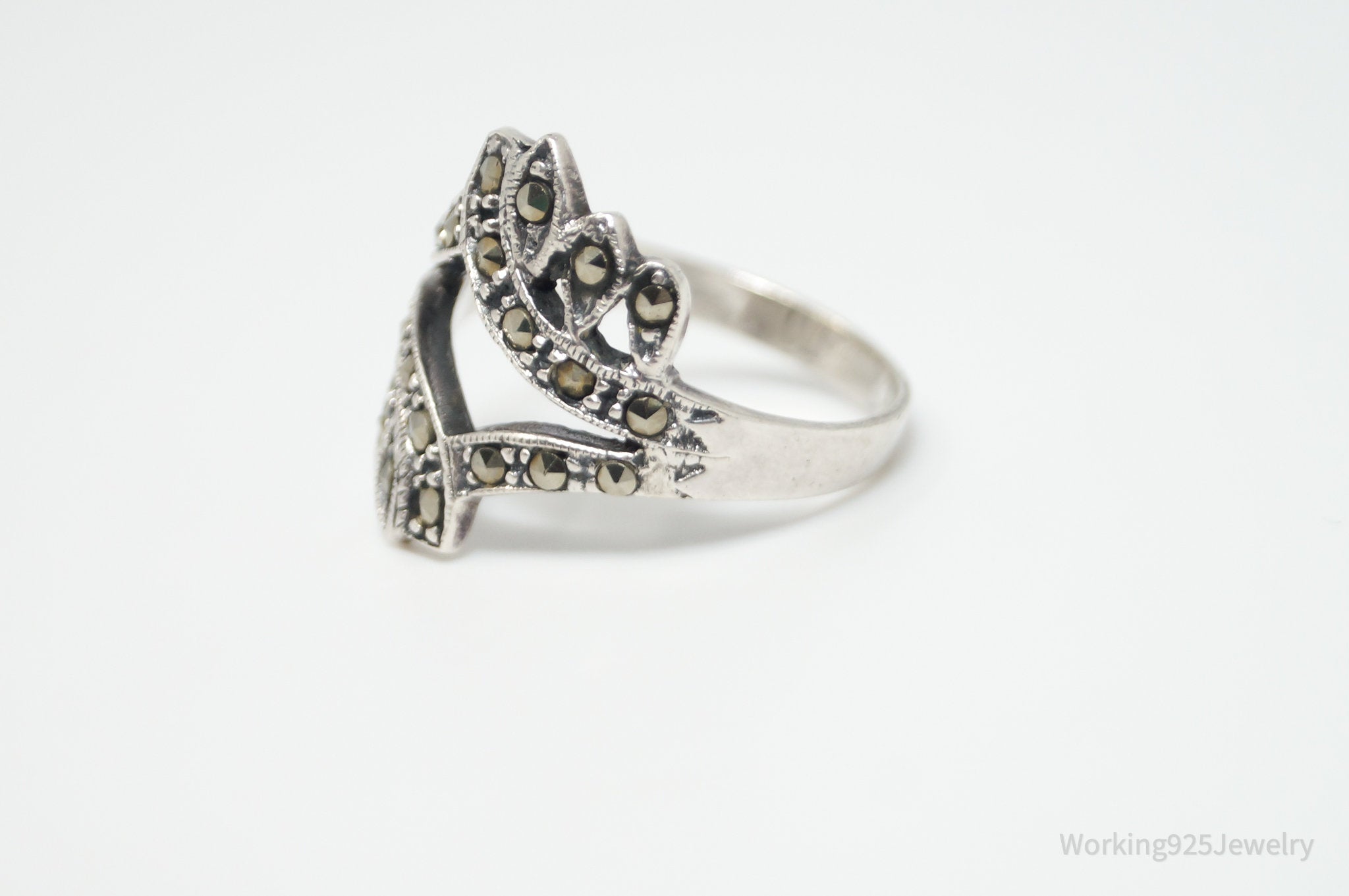 Vtg Art Deco Style Marcasite Ring Sterling Silver - Sz 8.75